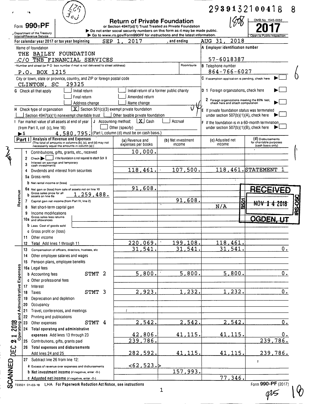 Image of first page of 2017 Form 990PF for The Bailey Foundation