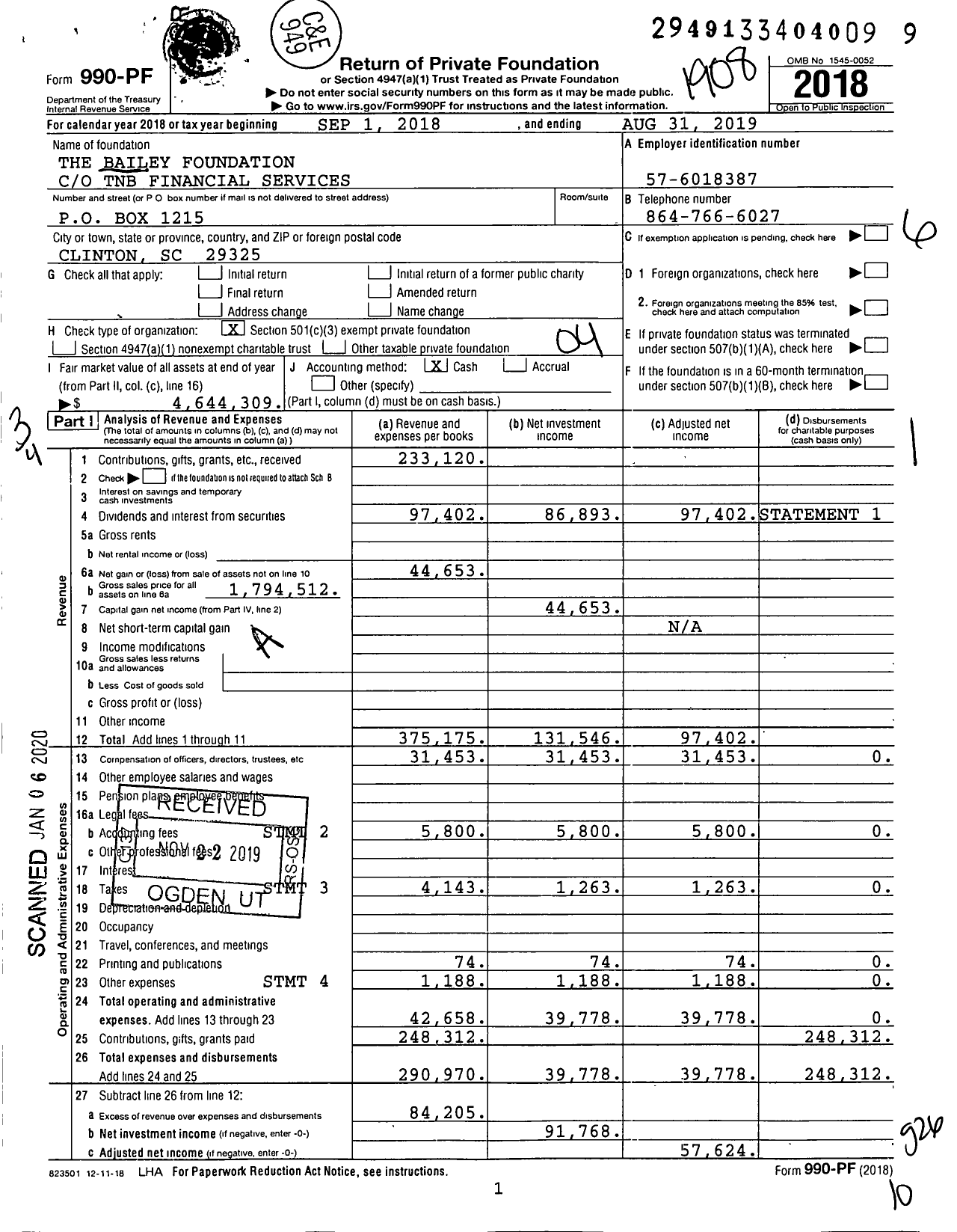 Image of first page of 2018 Form 990PF for The Bailey Foundation