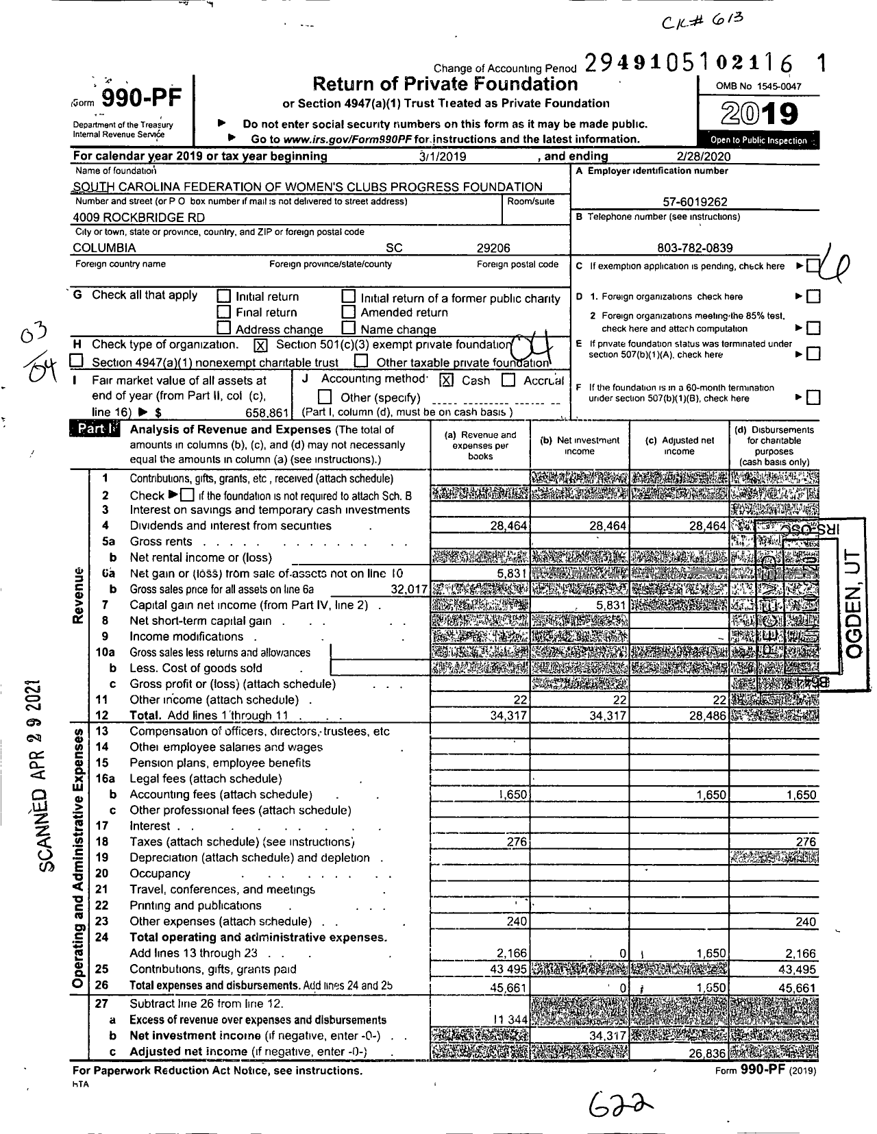 Image of first page of 2019 Form 990PF for South Carolina Federation of Women's Clubs Progress Foundation