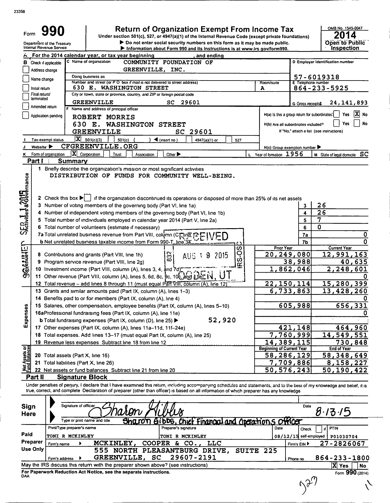 Image of first page of 2014 Form 990 for Community Foundation of Greenville