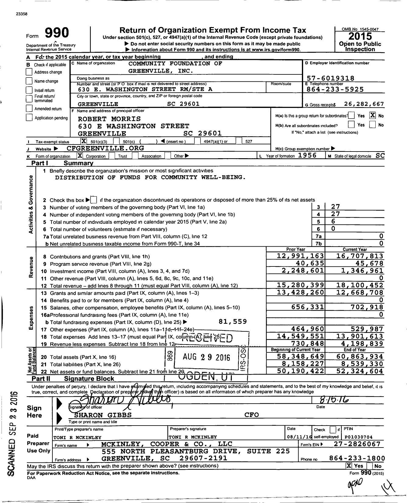 Image of first page of 2015 Form 990 for Community Foundation of Greenville