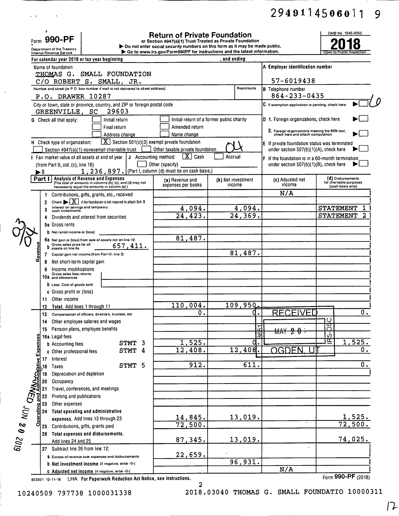 Image of first page of 2018 Form 990PF for Thomas G Small Foundation