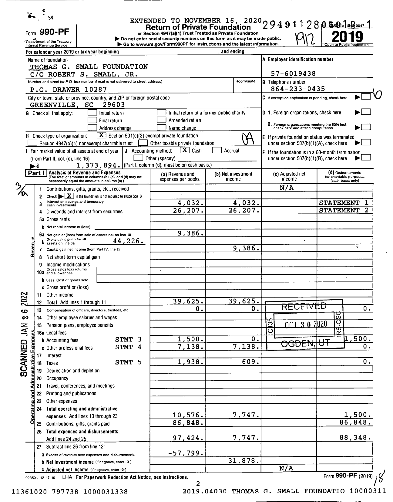 Image of first page of 2019 Form 990PF for Thomas G Small Foundation