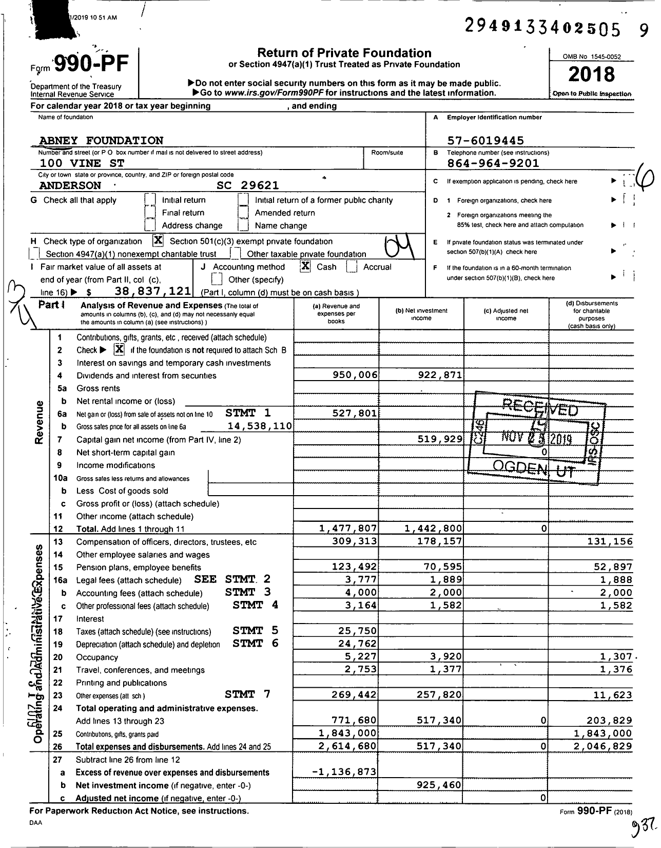 Image of first page of 2018 Form 990PF for Abney Foundation