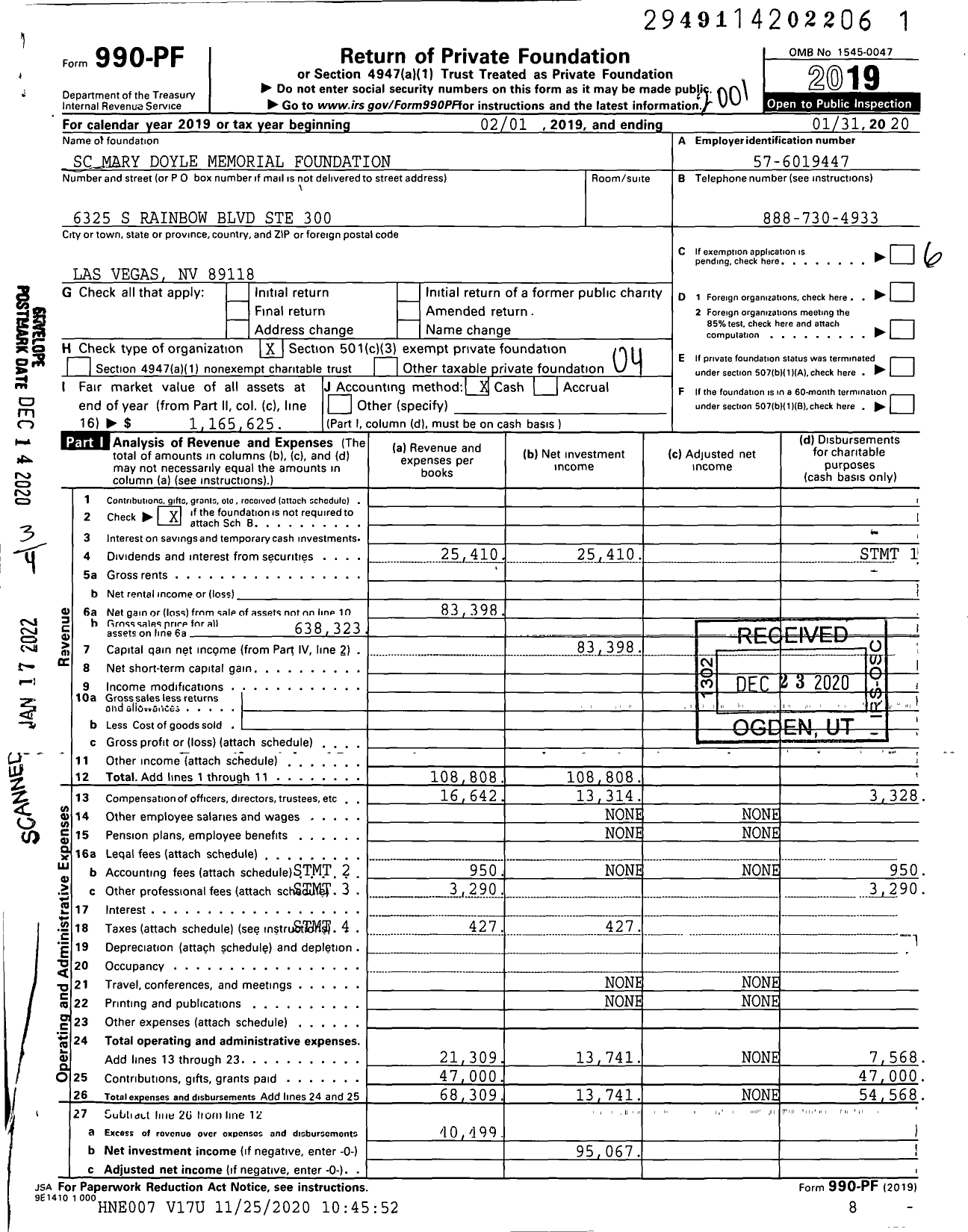 Image of first page of 2019 Form 990PF for SC Mary Doyle Memorial Foundation