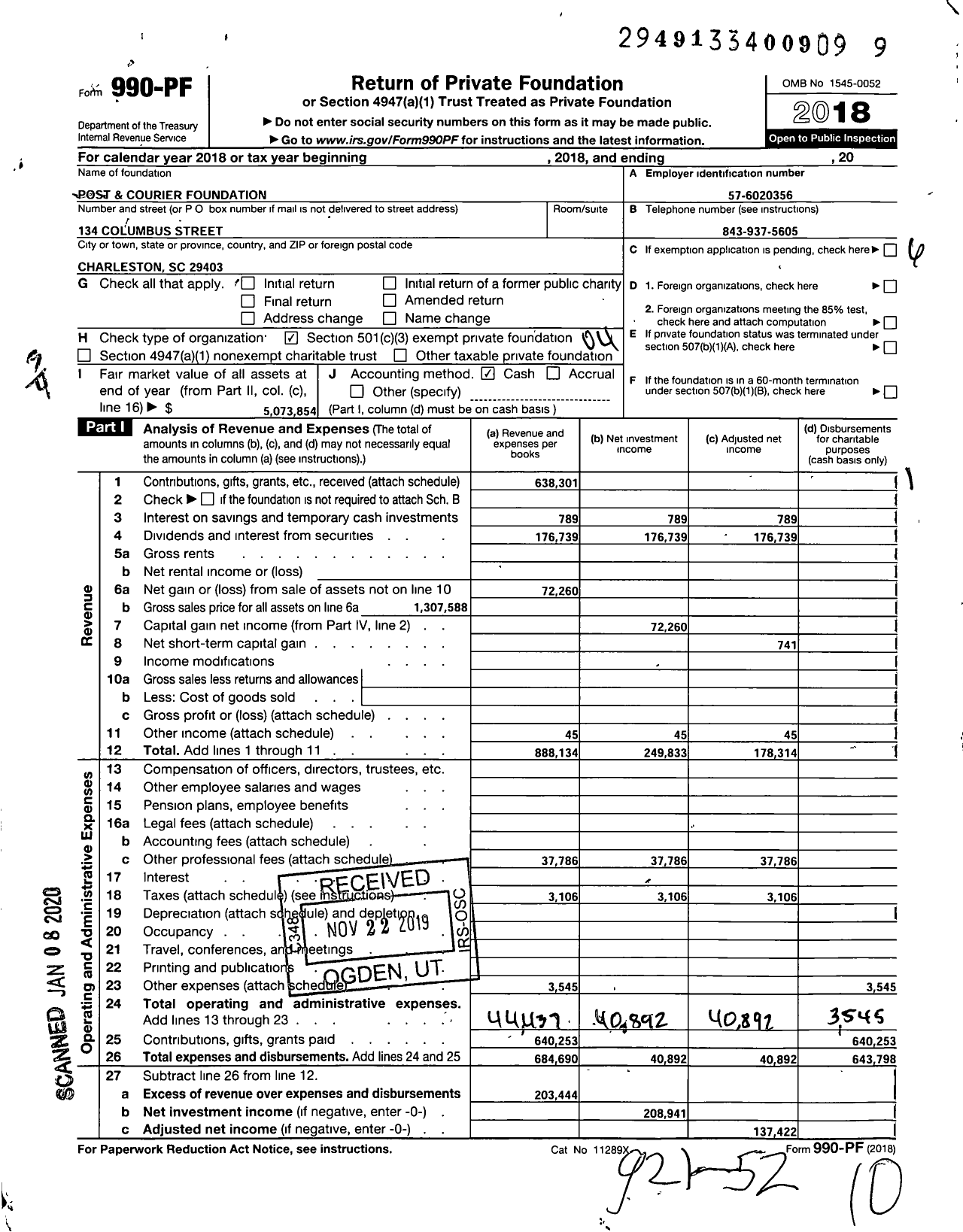 Image of first page of 2018 Form 990PF for Post and Courier Foundation