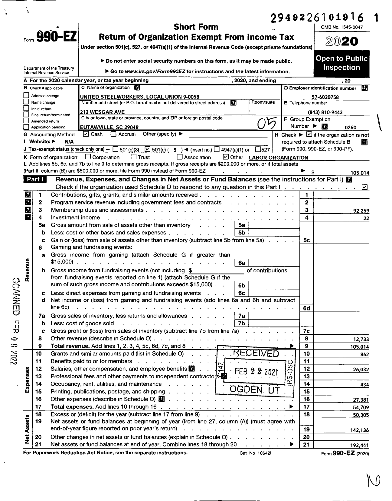 Image of first page of 2020 Form 990EO for United Steelworkers - Local Union 508