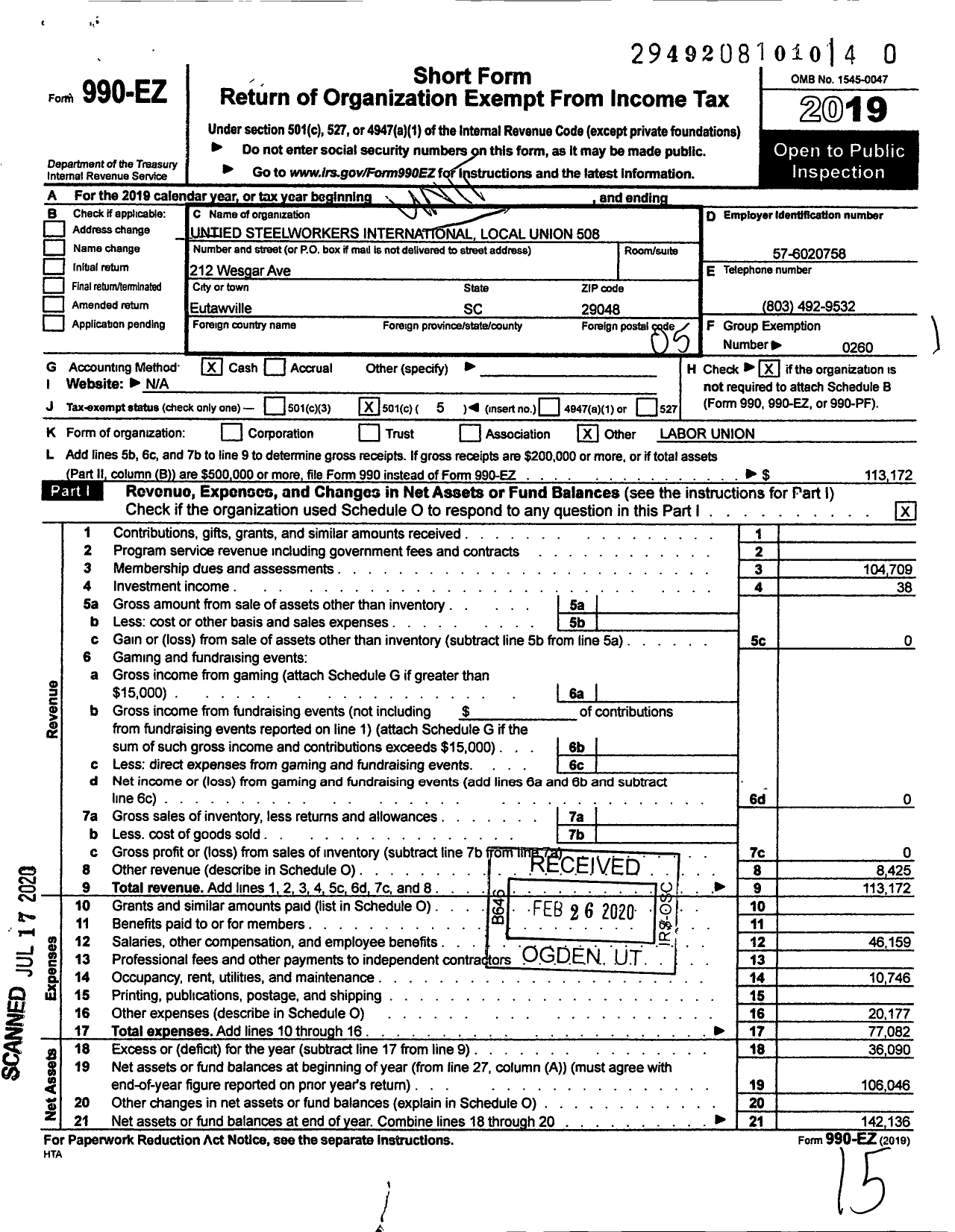 Image of first page of 2019 Form 990EO for United Steelworkers - Local Union 508