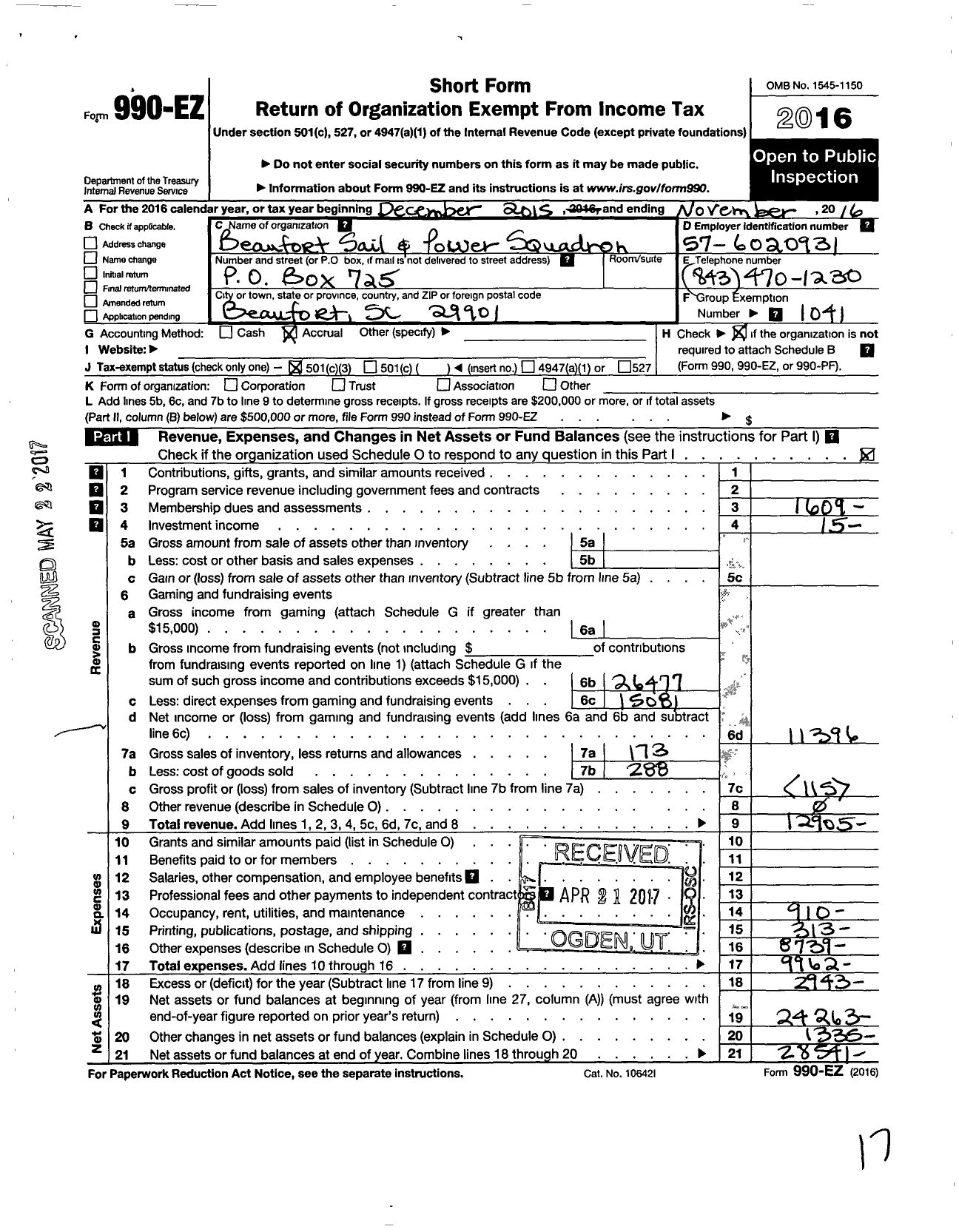 Image of first page of 2016 Form 990EZ for United States Power Squadrons - 26 Beaufort Sail & Power Squadron