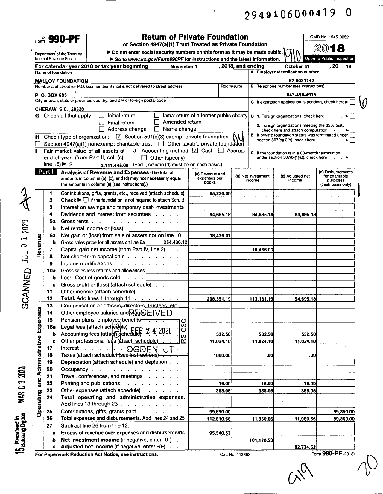 Image of first page of 2018 Form 990PR for Malloy Foundation