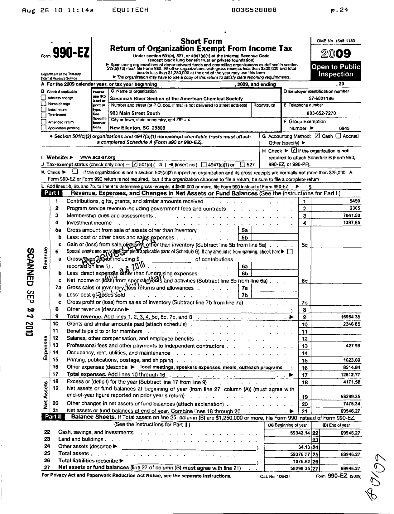 Image of first page of 2009 Form 990EZ for American Chemical Society - Savannah River Section