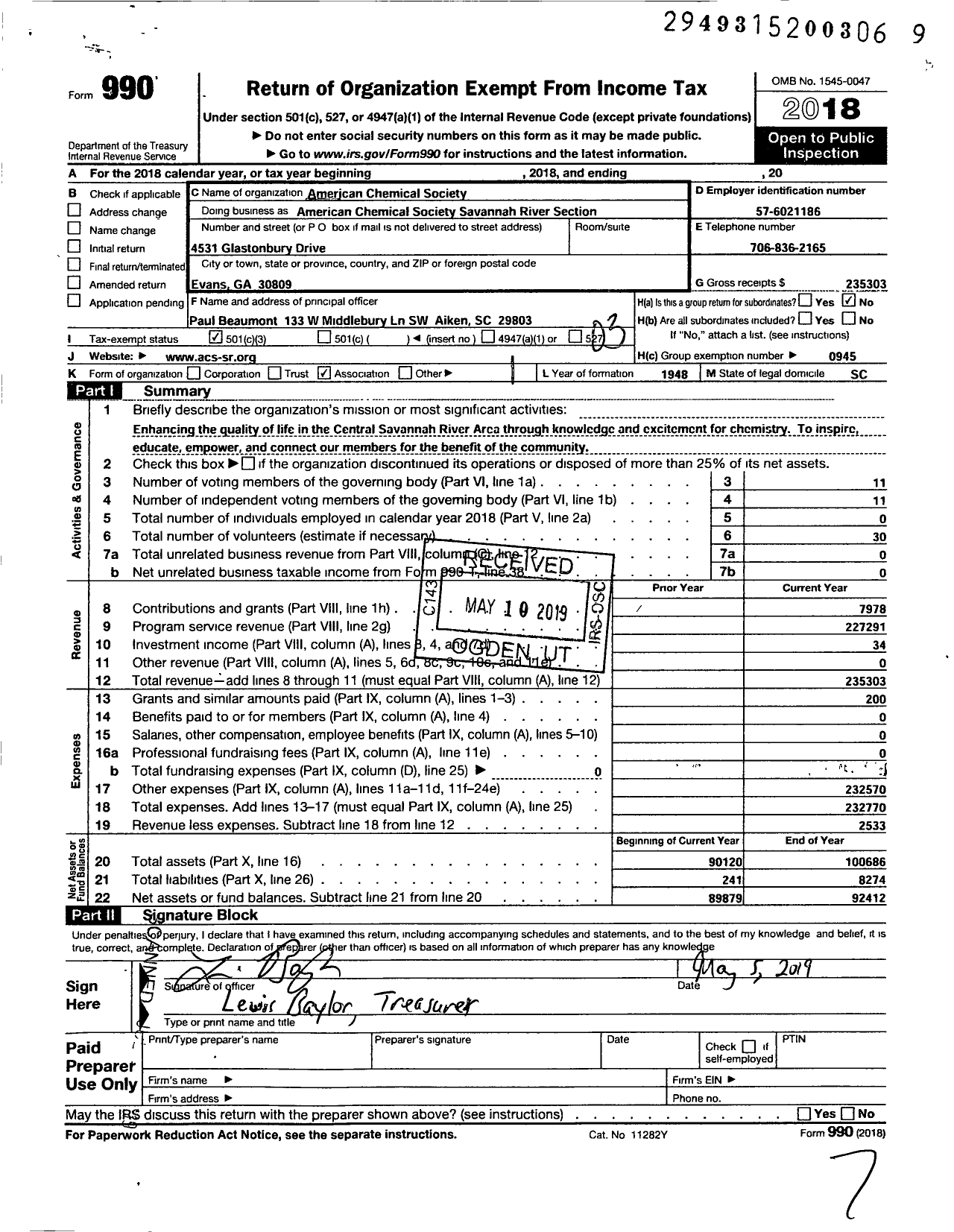 Image of first page of 2018 Form 990 for American Chemical Society - Savannah River Section