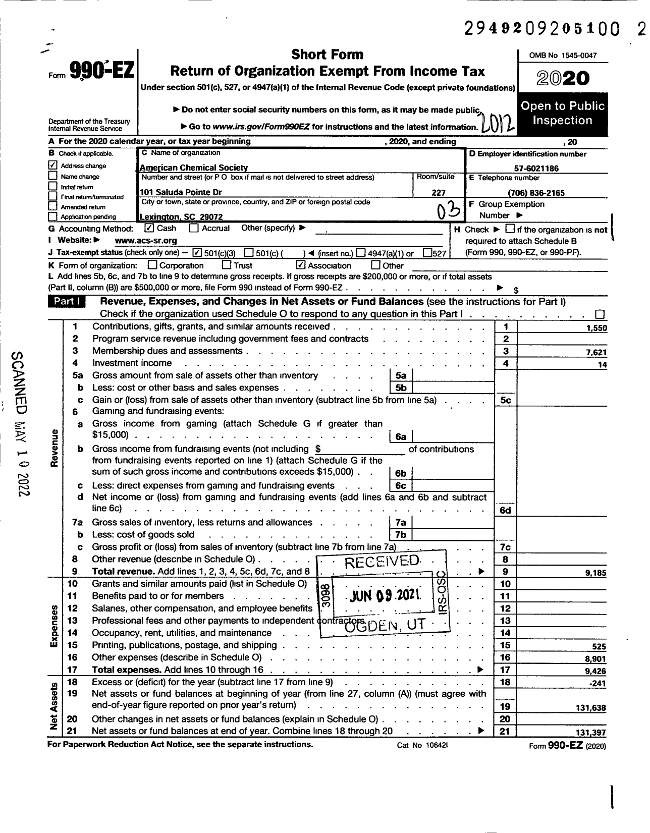 Image of first page of 2020 Form 990EZ for American Chemical Society - Savannah River Section