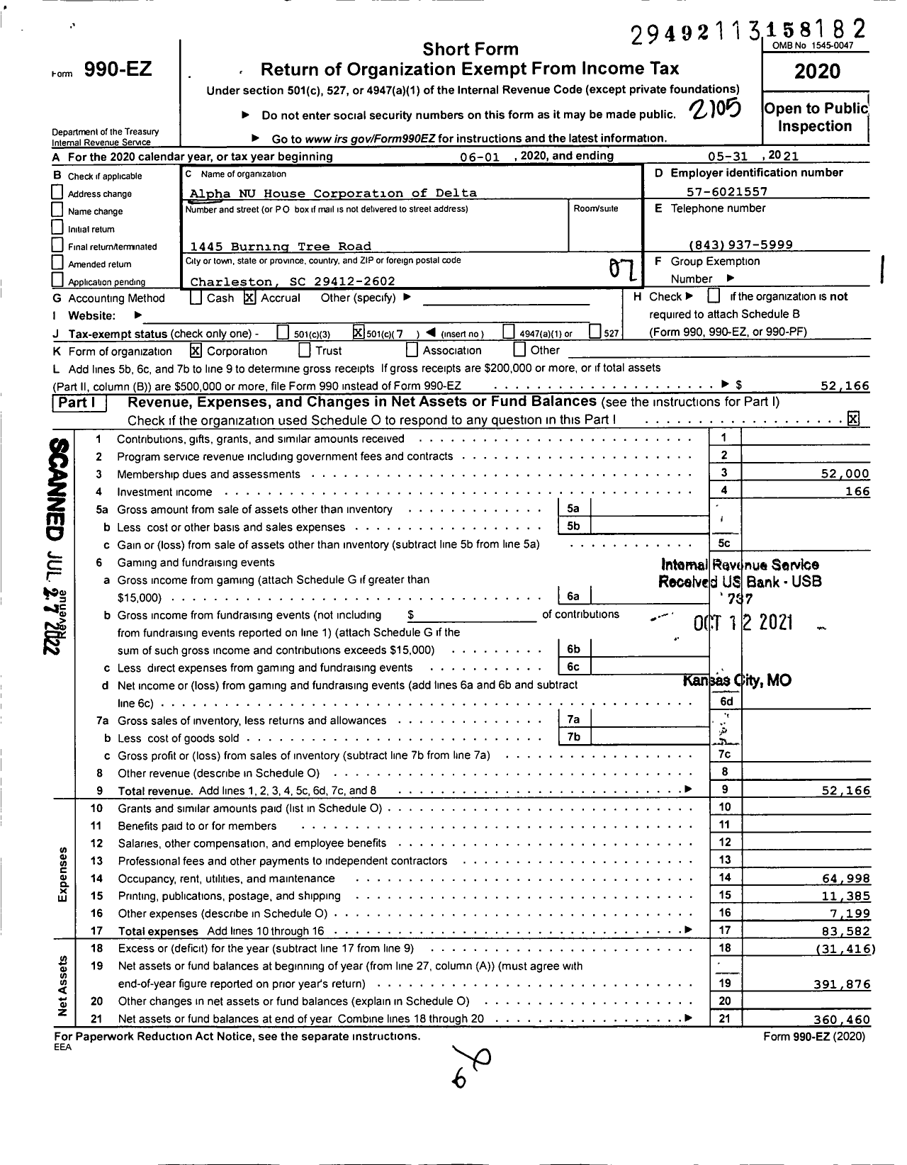 Image of first page of 2020 Form 990EO for Alpha NU House Corporation of Delta