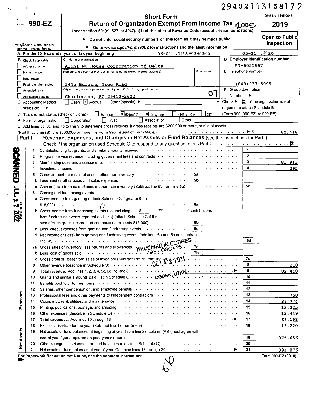 Image of first page of 2019 Form 990EO for Alpha NU House Corporation of Delta