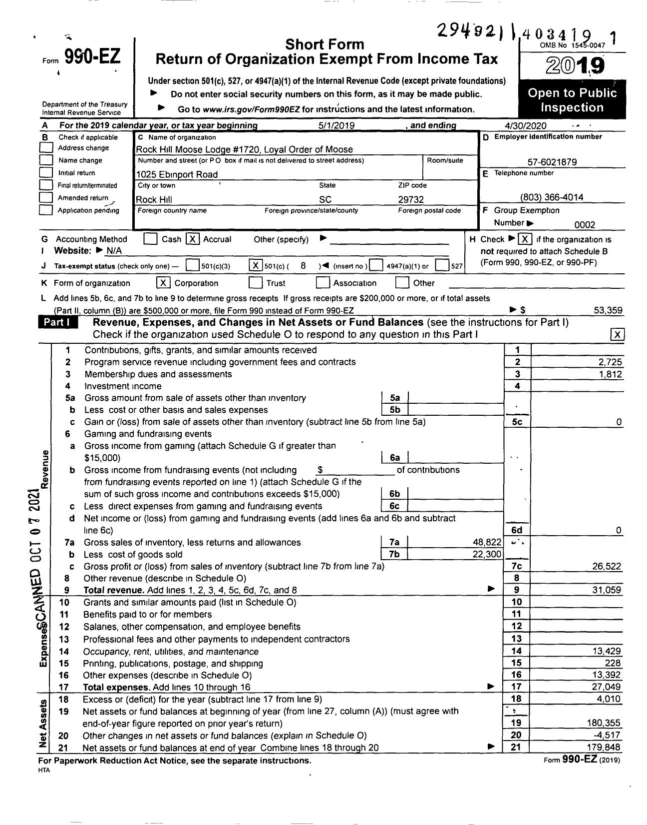 Image of first page of 2019 Form 990EO for Rock Hill Moose Lodge 1720 Loyal Order of Moose