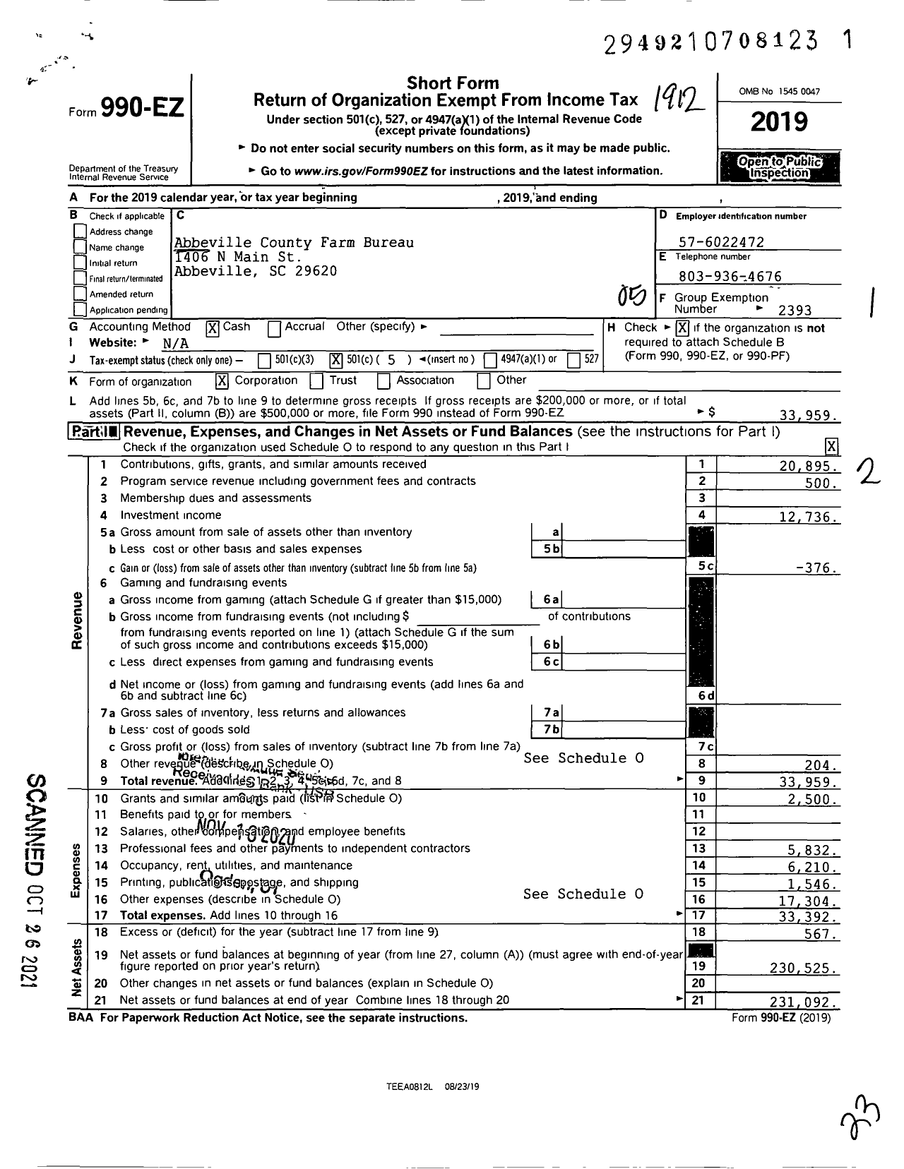 Image of first page of 2019 Form 990EO for Abbeville County Farm Bureau