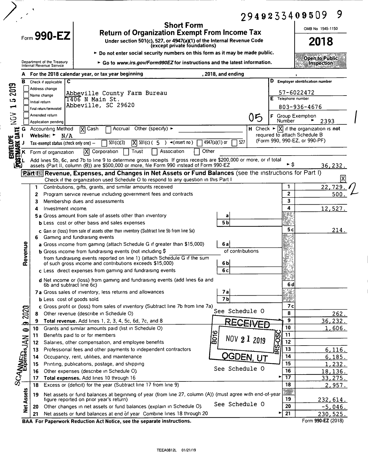 Image of first page of 2018 Form 990EO for Abbeville County Farm Bureau