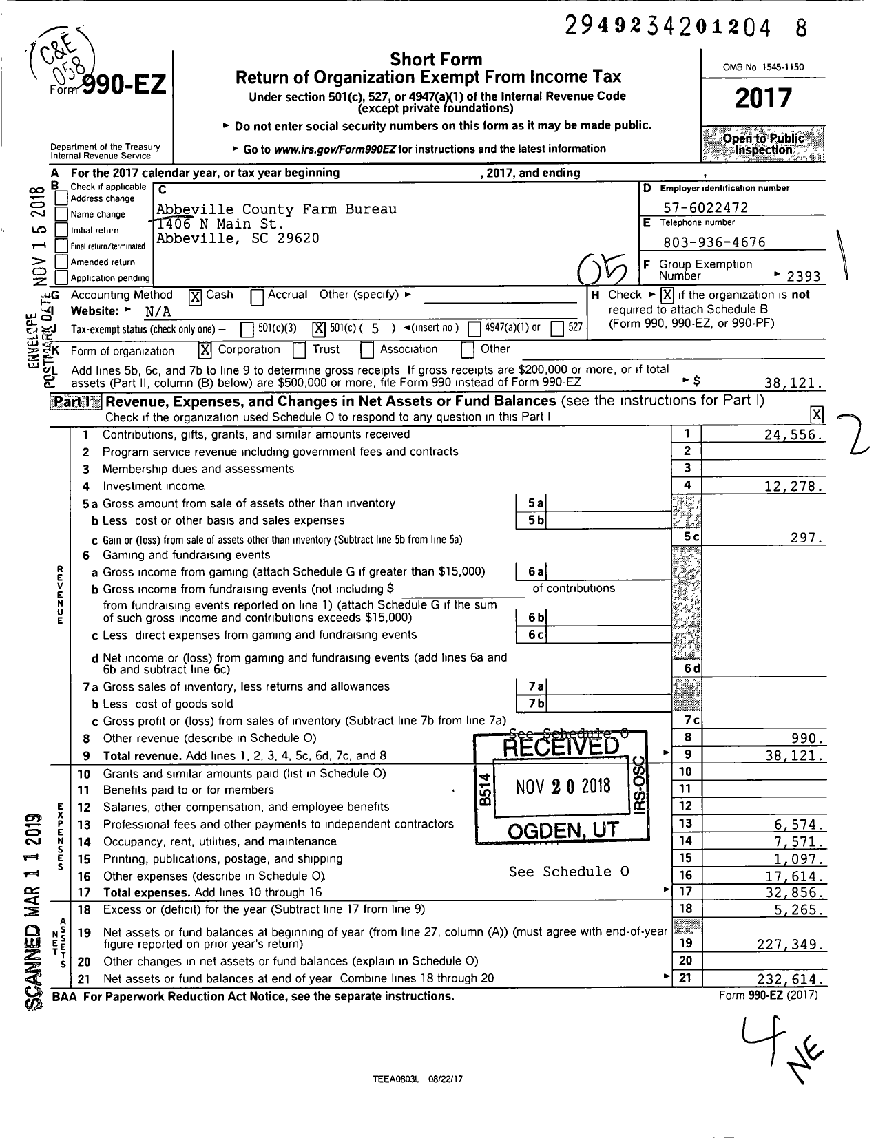 Image of first page of 2017 Form 990EO for Abbeville County Farm Bureau