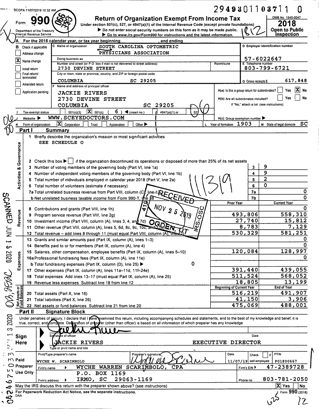 Image of first page of 2018 Form 990O for South Carolina Optometric Physicians Association