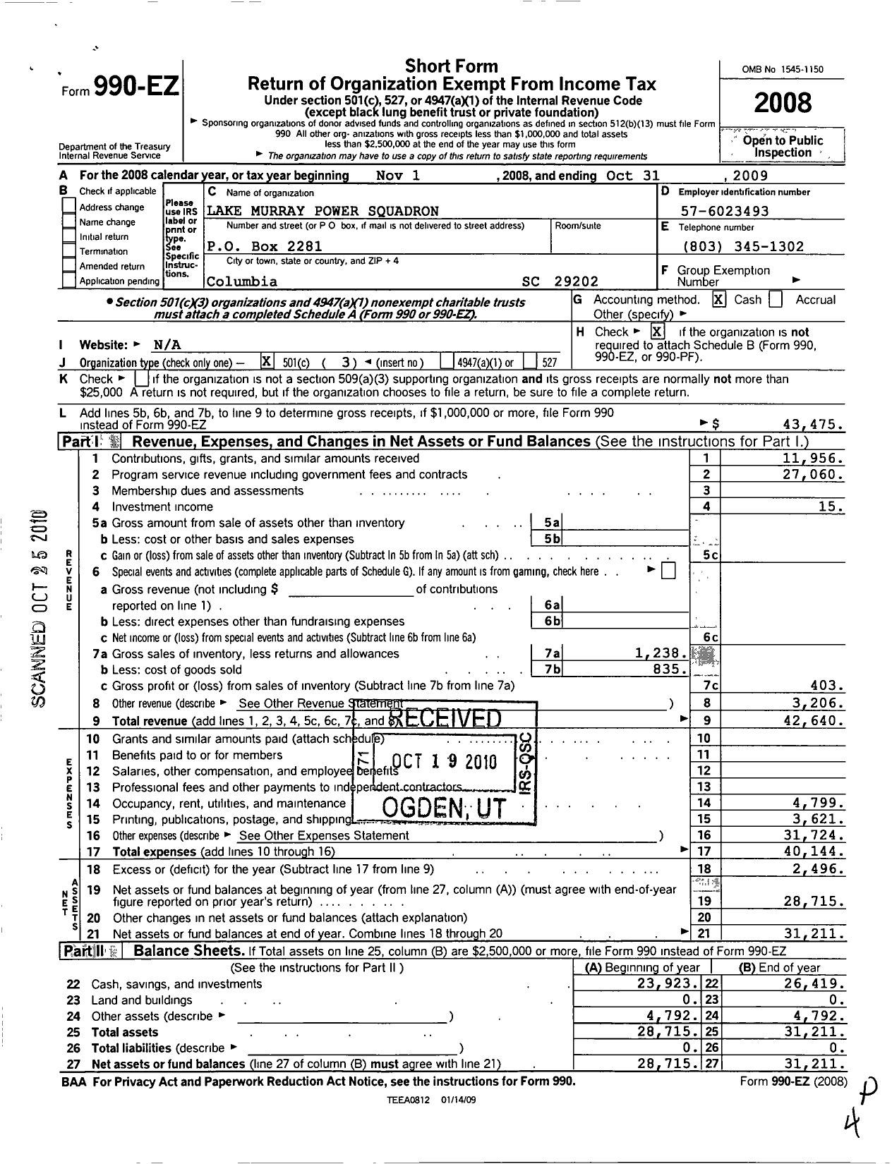 Image of first page of 2008 Form 990EZ for Lake Murray Power Squadron