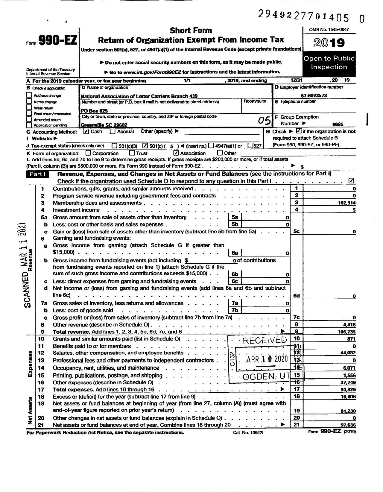 Image of first page of 2019 Form 990EO for National Association of Letter Carriers - 0439 Greenville South Carolina