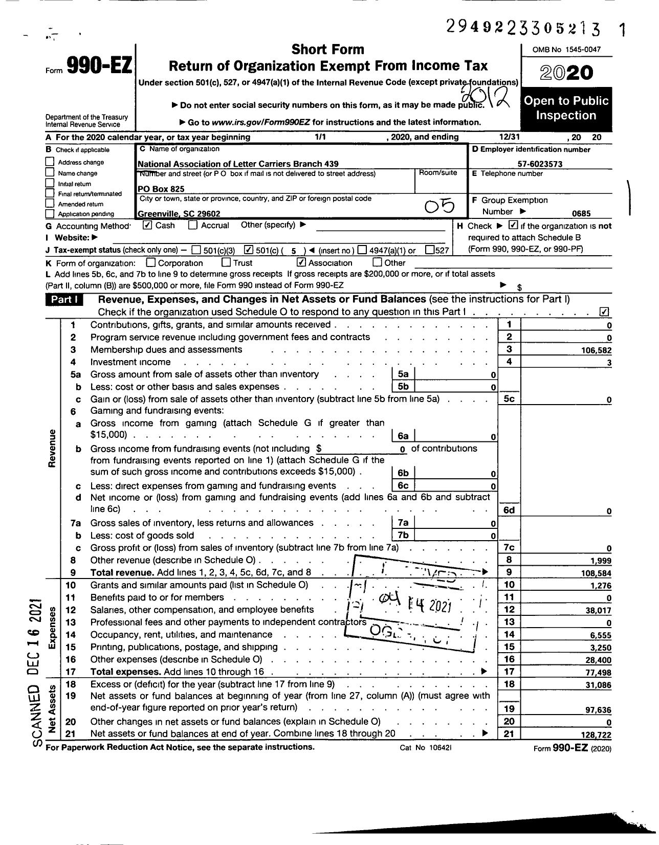 Image of first page of 2020 Form 990EO for National Association of Letter Carriers - 0439 Greenville South Carolina