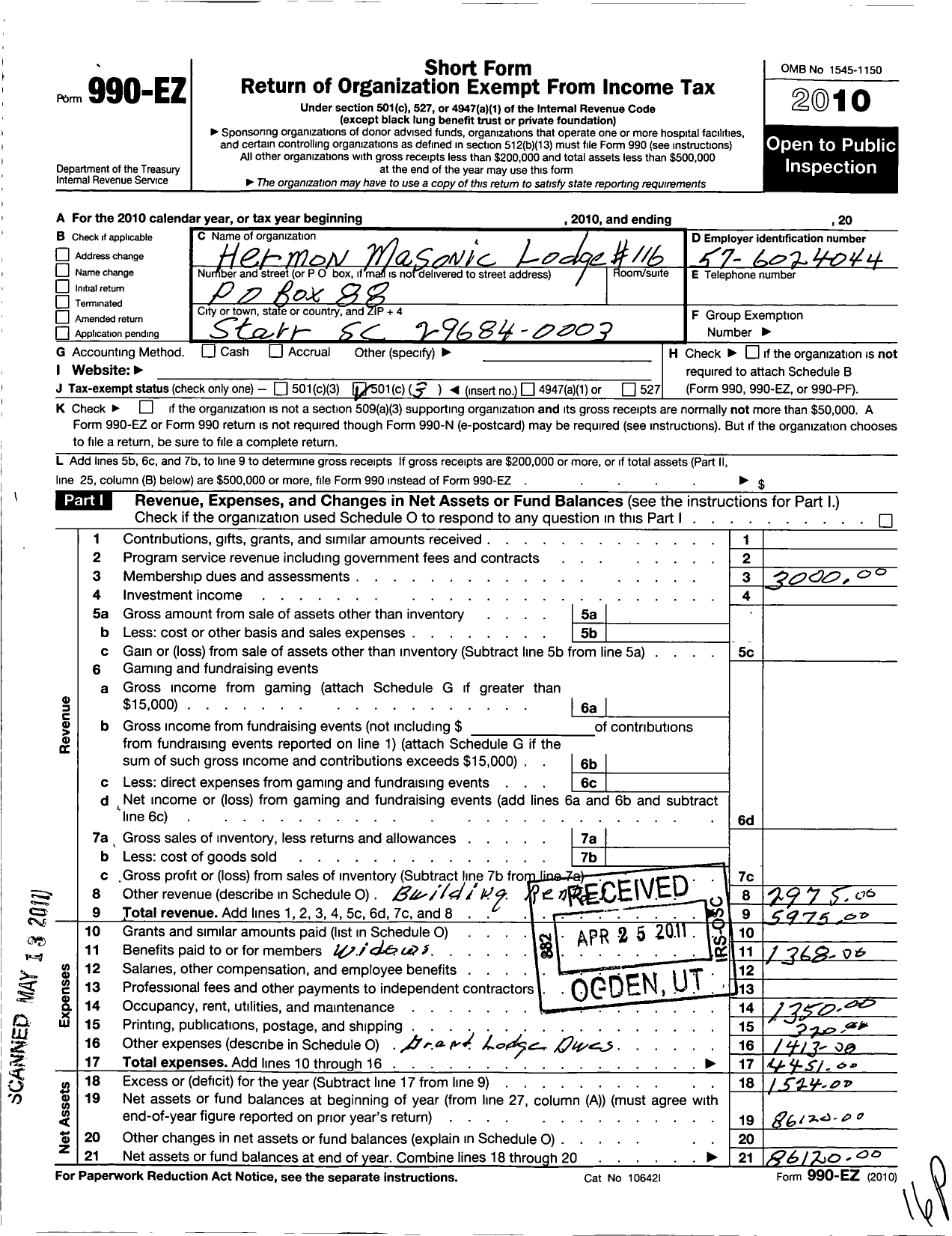 Image of first page of 2010 Form 990EZ for Ancient Free Masons of South Carolina - 116 Hermon Lodge