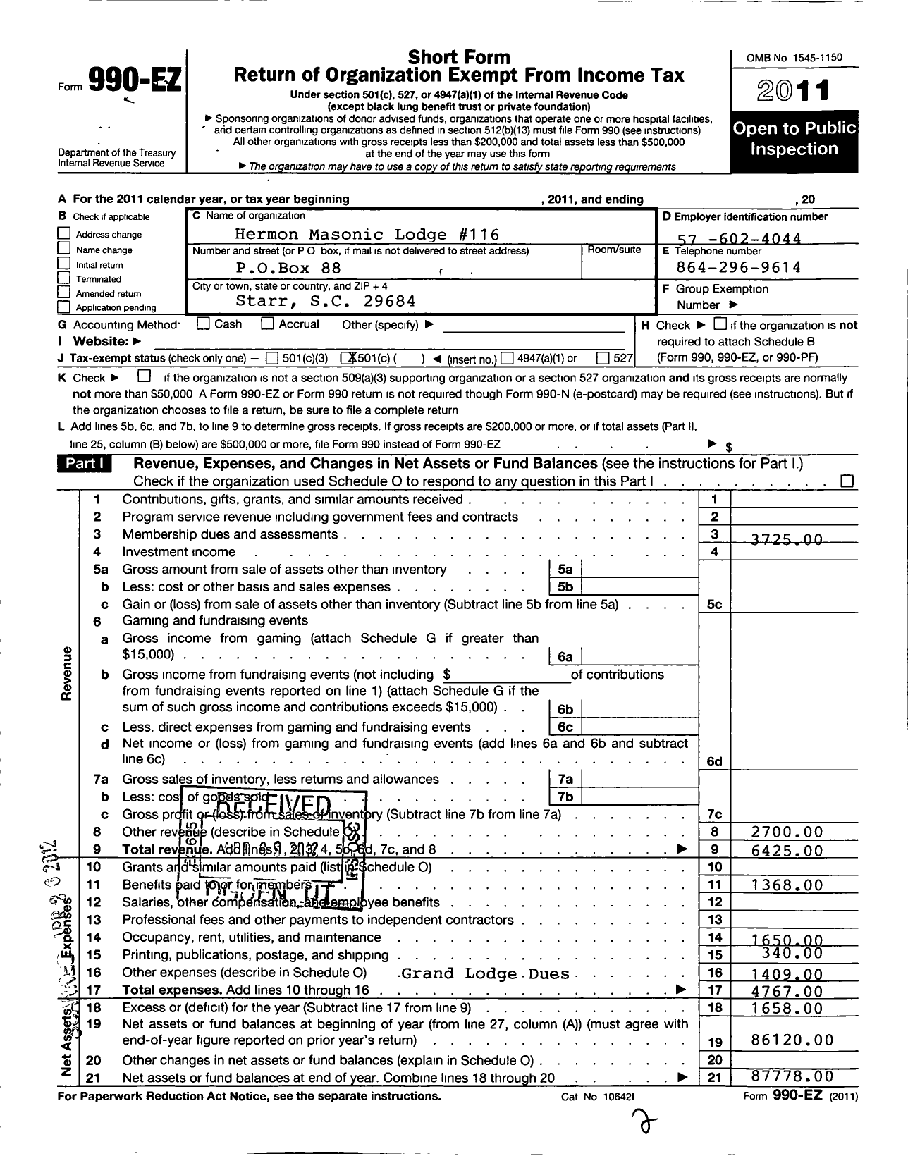 Image of first page of 2011 Form 990EO for Ancient Free Masons of South Carolina - 116 Hermon Lodge