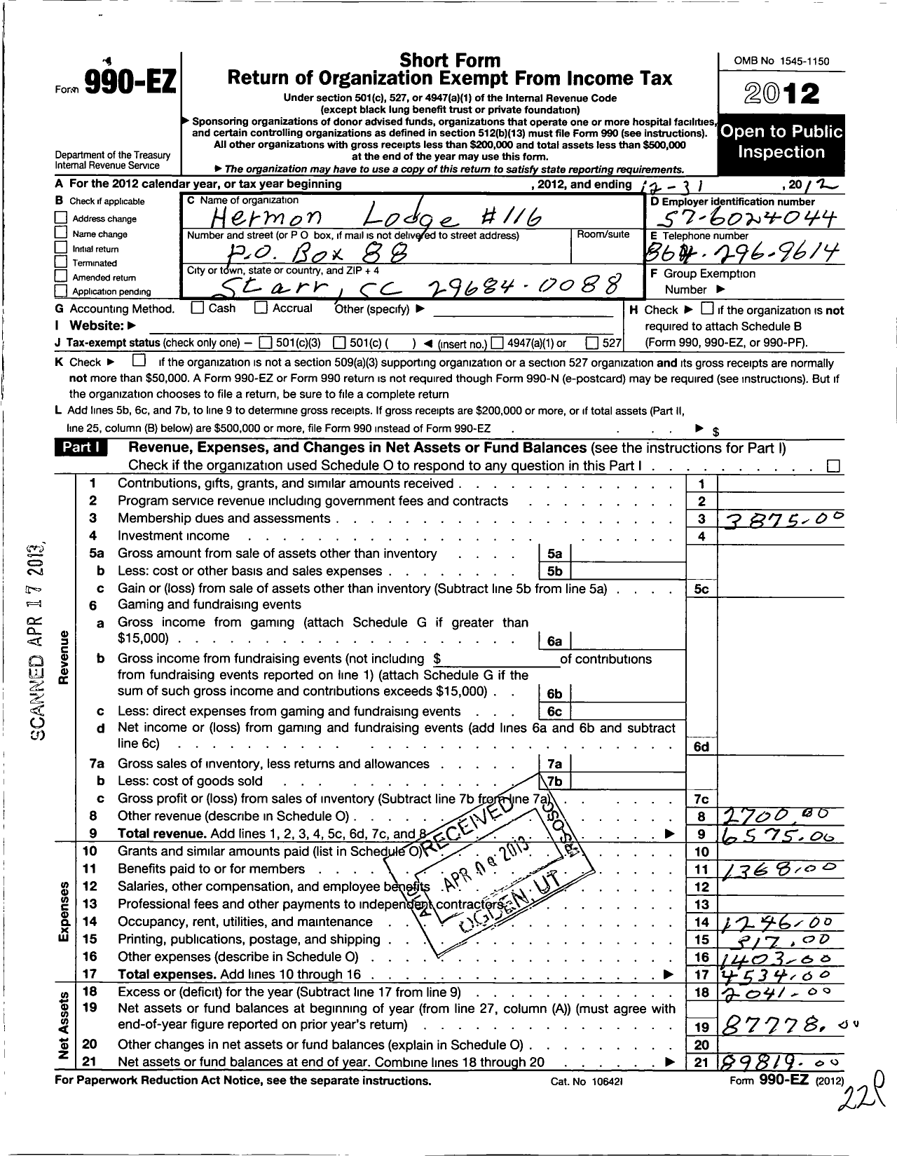 Image of first page of 2012 Form 990EO for Ancient Free Masons of South Carolina - 116 Hermon Lodge