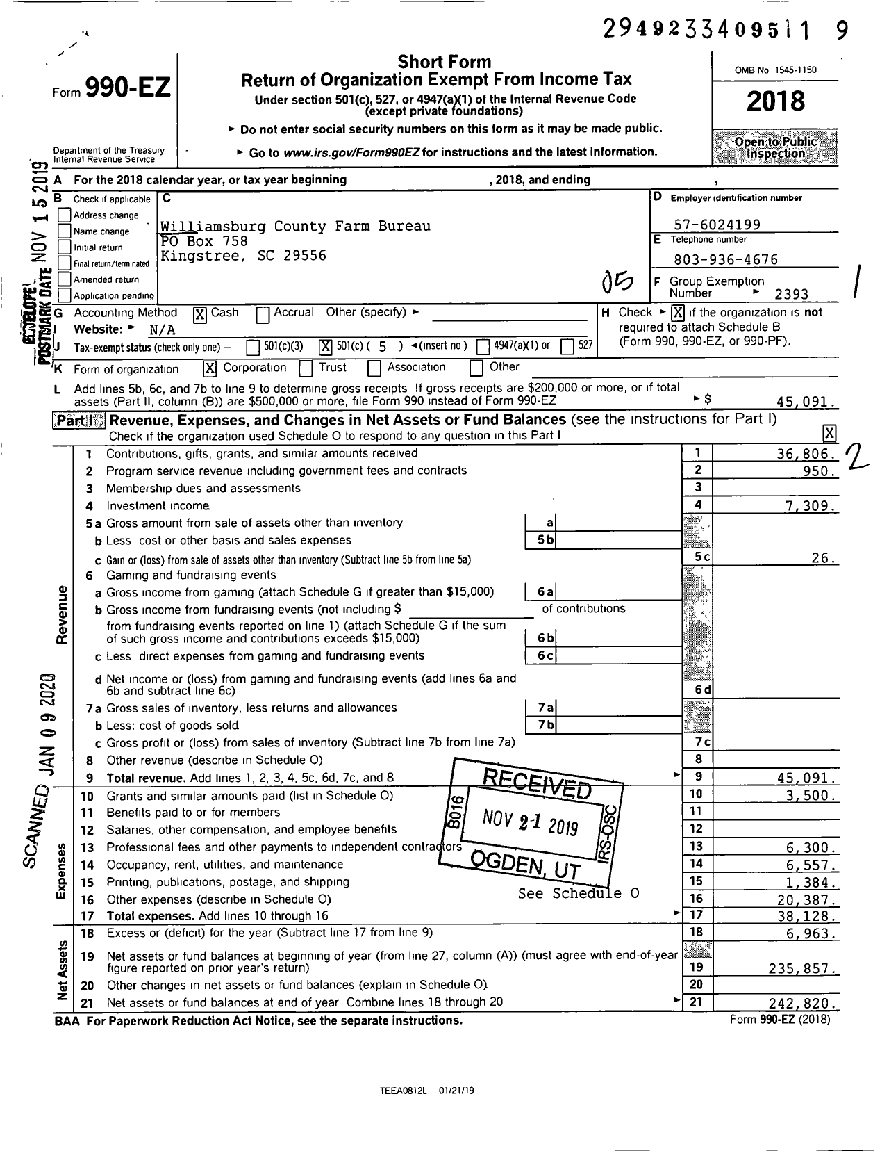 Image of first page of 2018 Form 990EO for Williamsburg County Farm Bureau