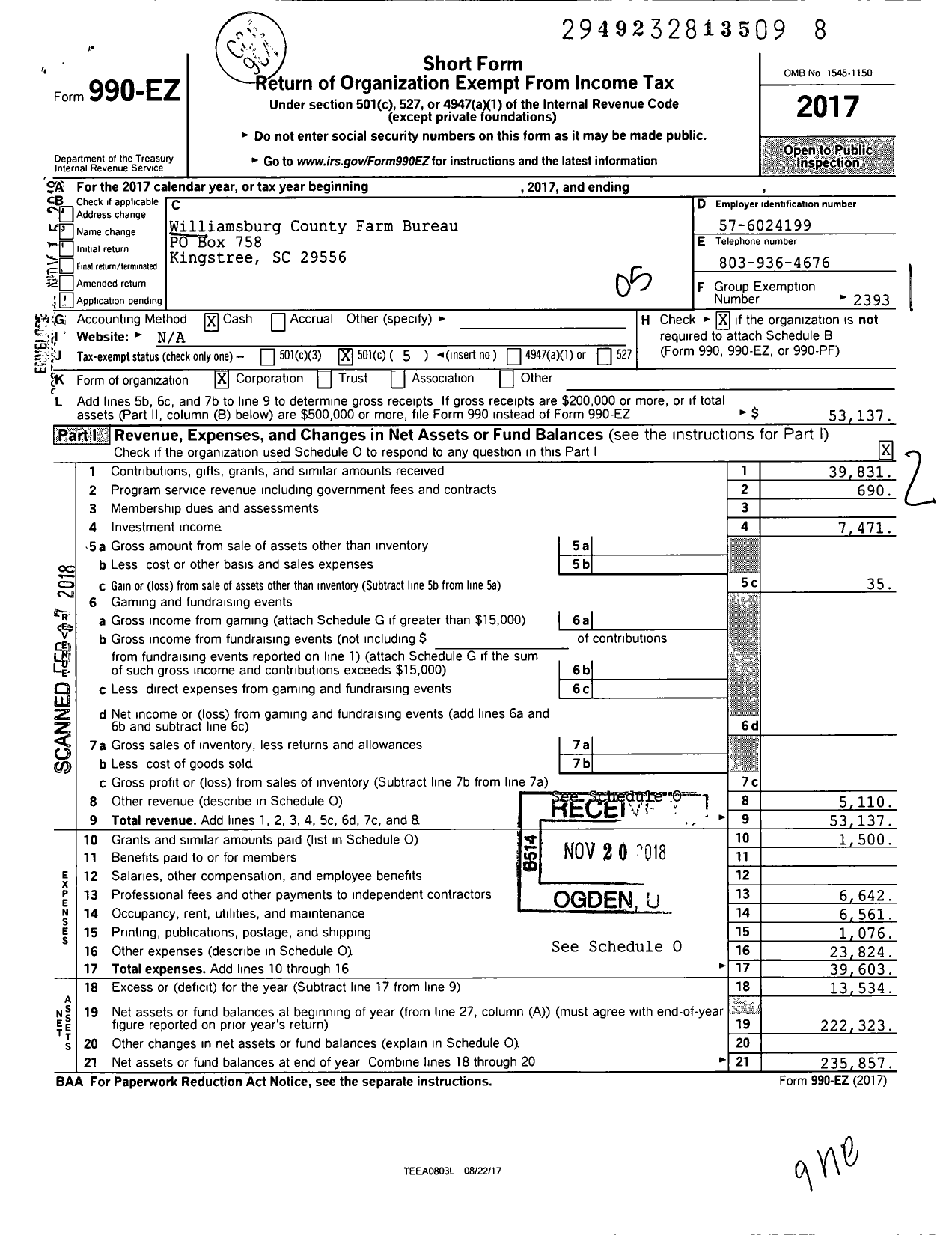 Image of first page of 2017 Form 990EO for Williamsburg County Farm Bureau