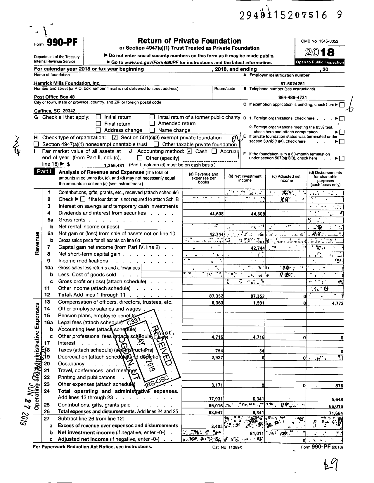 Image of first page of 2018 Form 990PF for Hamrick Mills Foundation