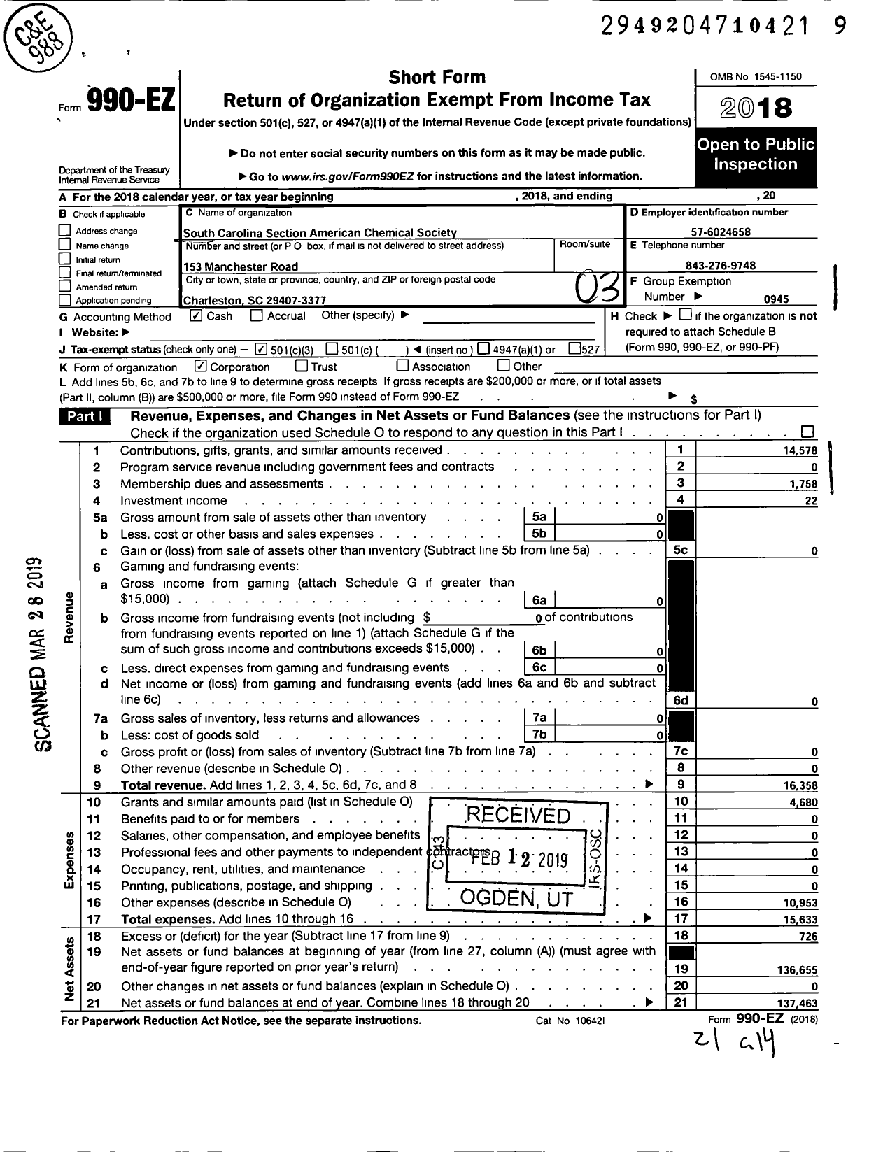 Image of first page of 2018 Form 990EZ for American Chemical Society - South Carolina Section