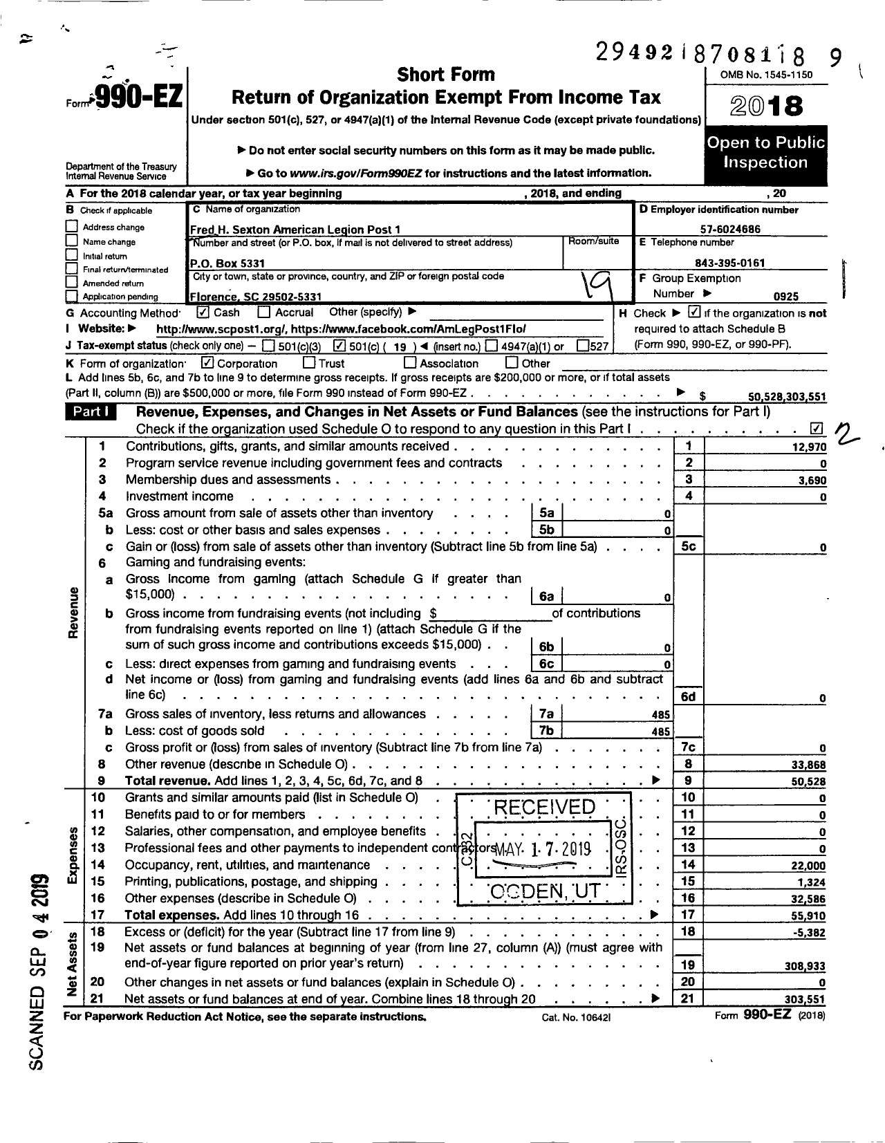 Image of first page of 2018 Form 990EO for American Legion - 1 Fred H Sexton Inc Post