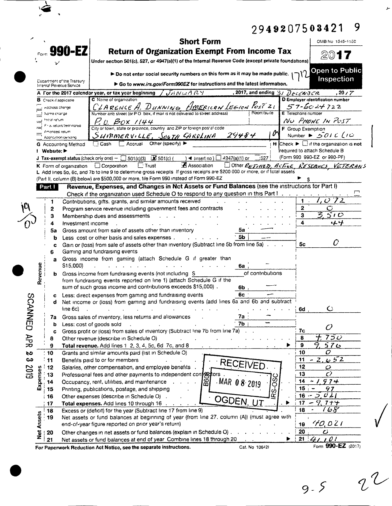 Image of first page of 2017 Form 990EO for American Legion - 21 Clarence A Dunning SC Post