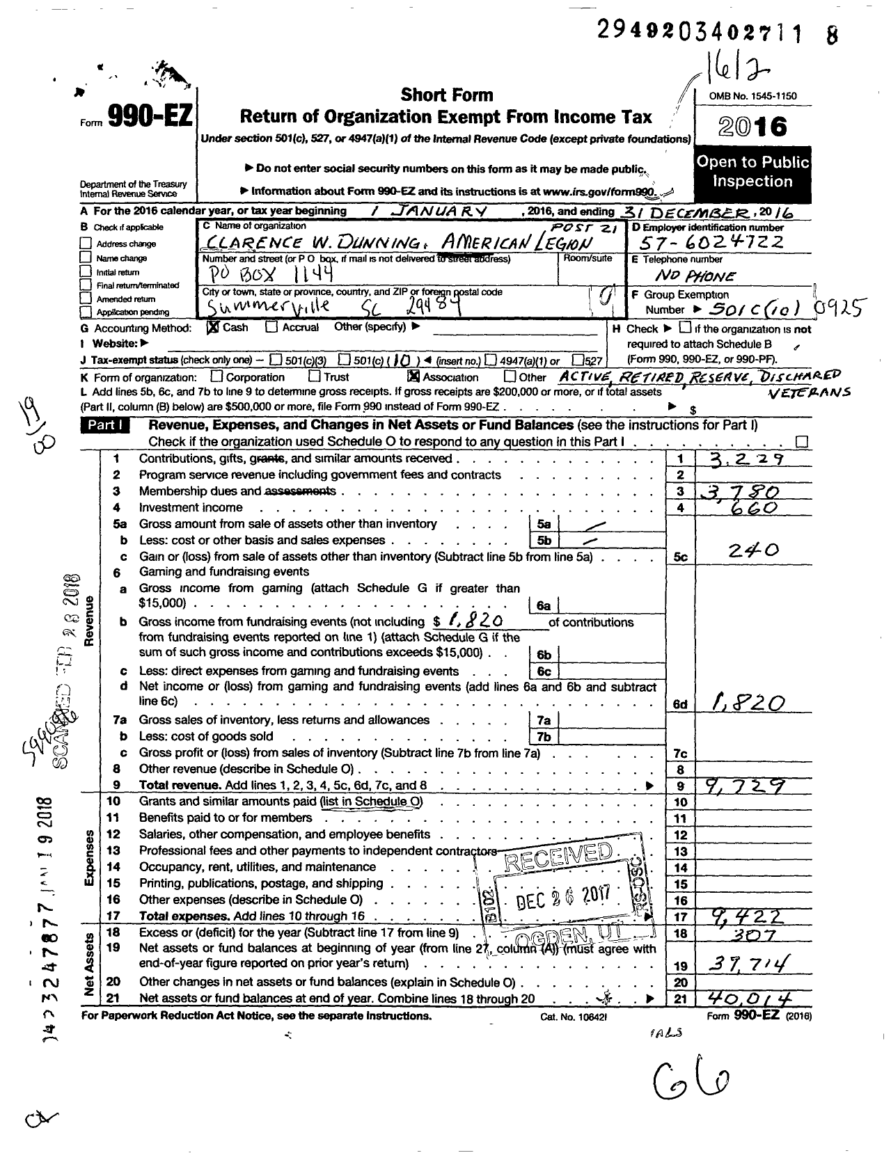 Image of first page of 2016 Form 990EO for American Legion - 21 Clarence A Dunning SC Post