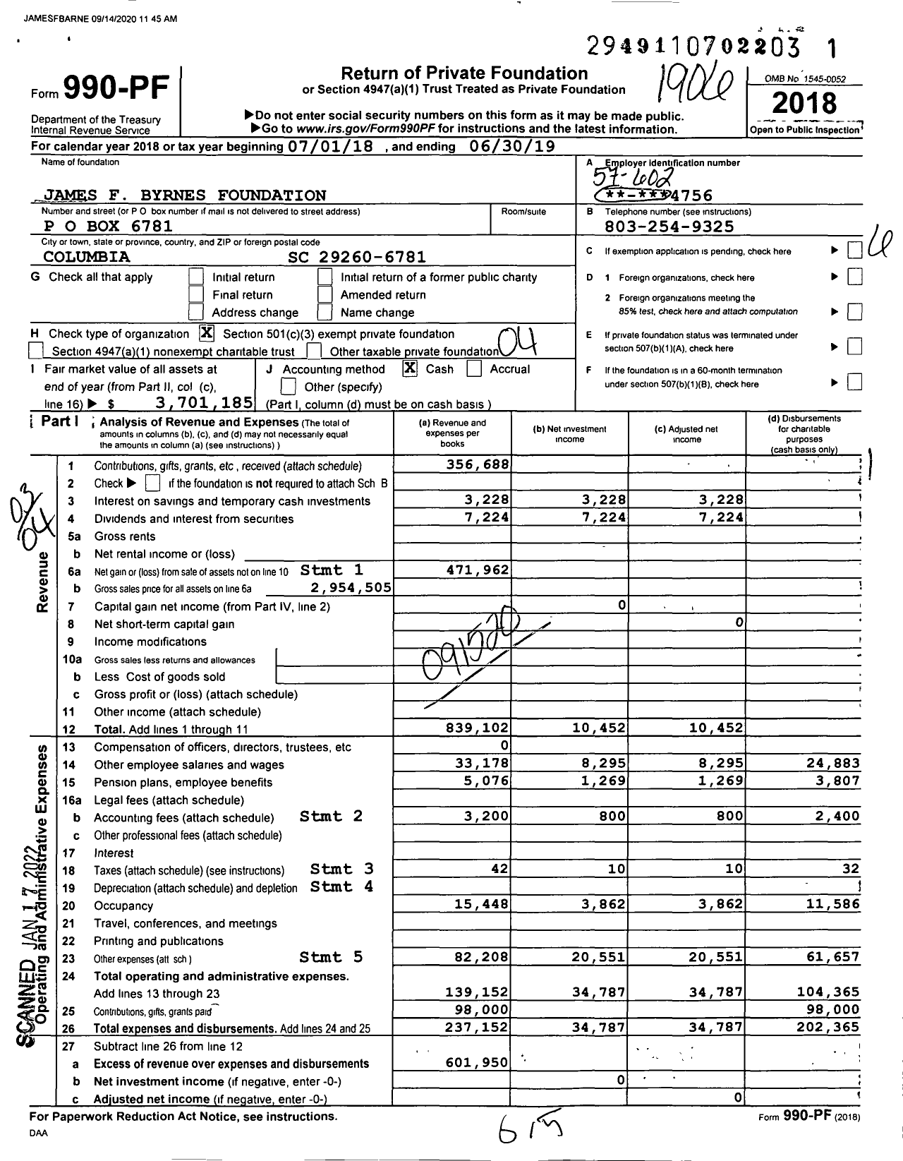 Image of first page of 2018 Form 990PF for James F Byrnes Foundation