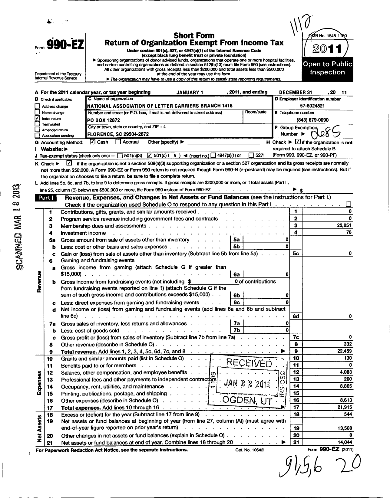 Image of first page of 2011 Form 990EO for National Association of Letter Carriers - 1416 Florence South Carolina