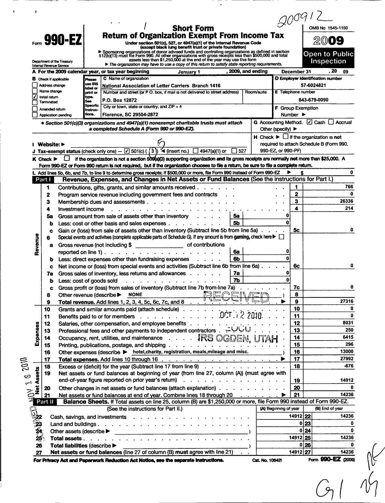 Image of first page of 2009 Form 990EO for National Association of Letter Carriers - 1416 Florence South Carolina