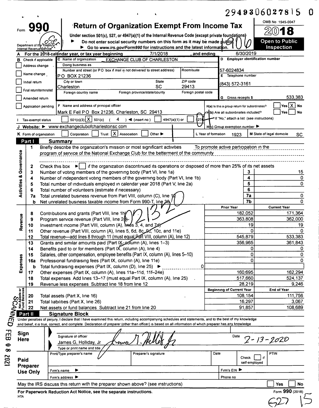 Image of first page of 2018 Form 990O for National Exchange Club - 2061 Charleston SC