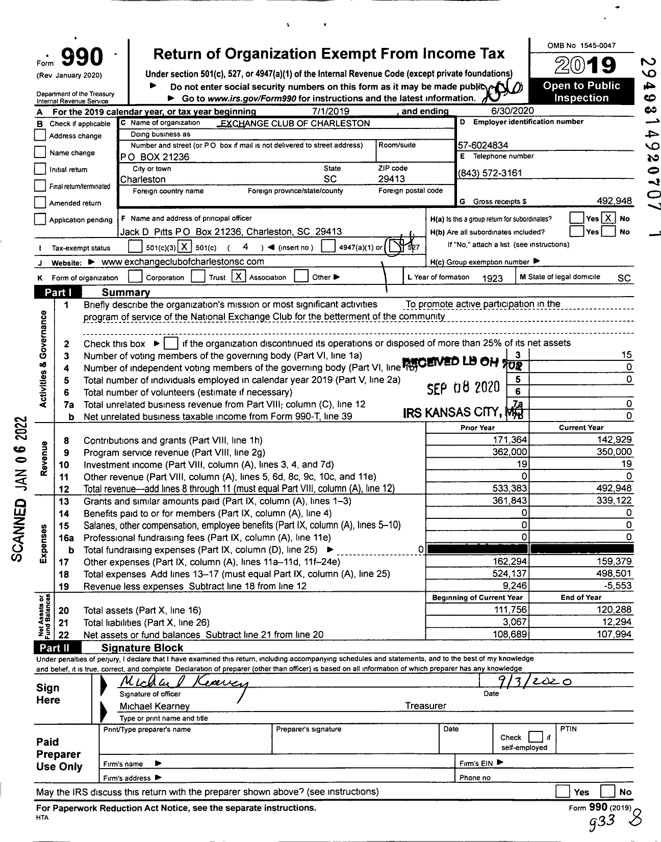 Image of first page of 2019 Form 990O for National Exchange Club - 2061 Charleston SC