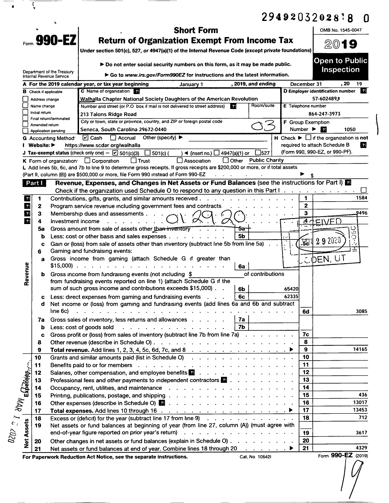 Image of first page of 2019 Form 990EZ for Daughters of the American Revolution - Walhalla Dar