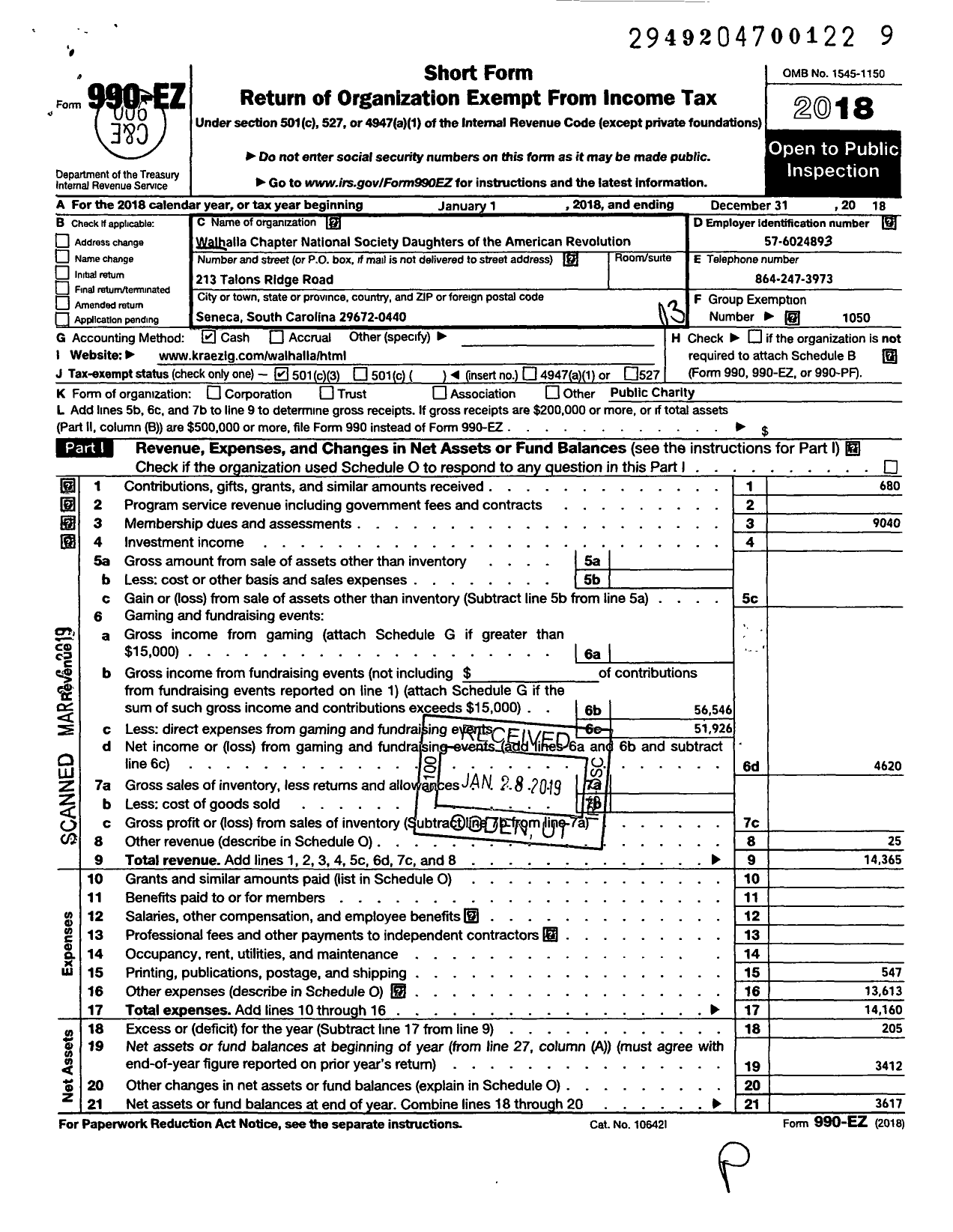 Image of first page of 2018 Form 990EZ for Daughters of the American Revolution - Walhalla Dar