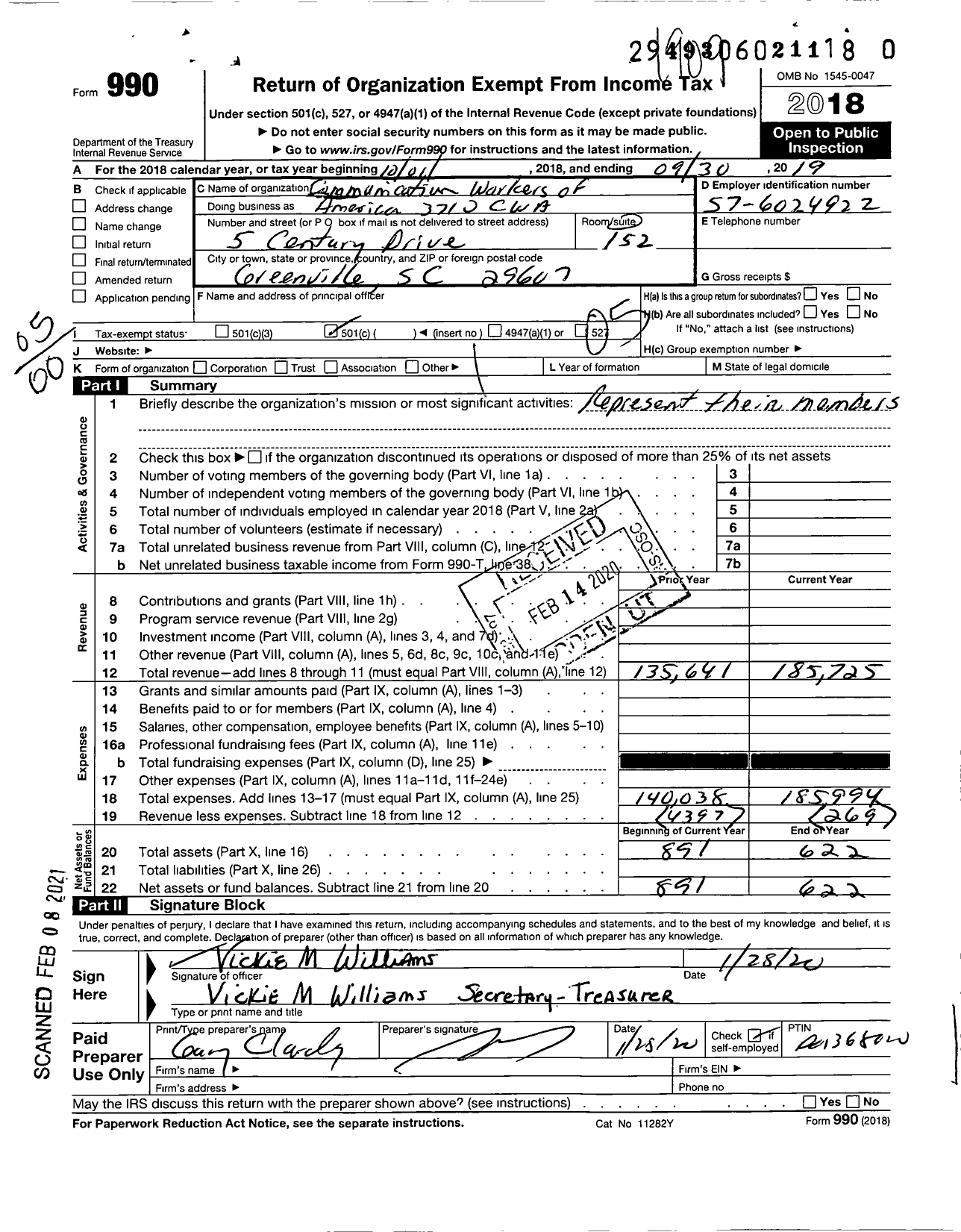 Image of first page of 2018 Form 990O for Communications WORKERS OF america - 3710 Local