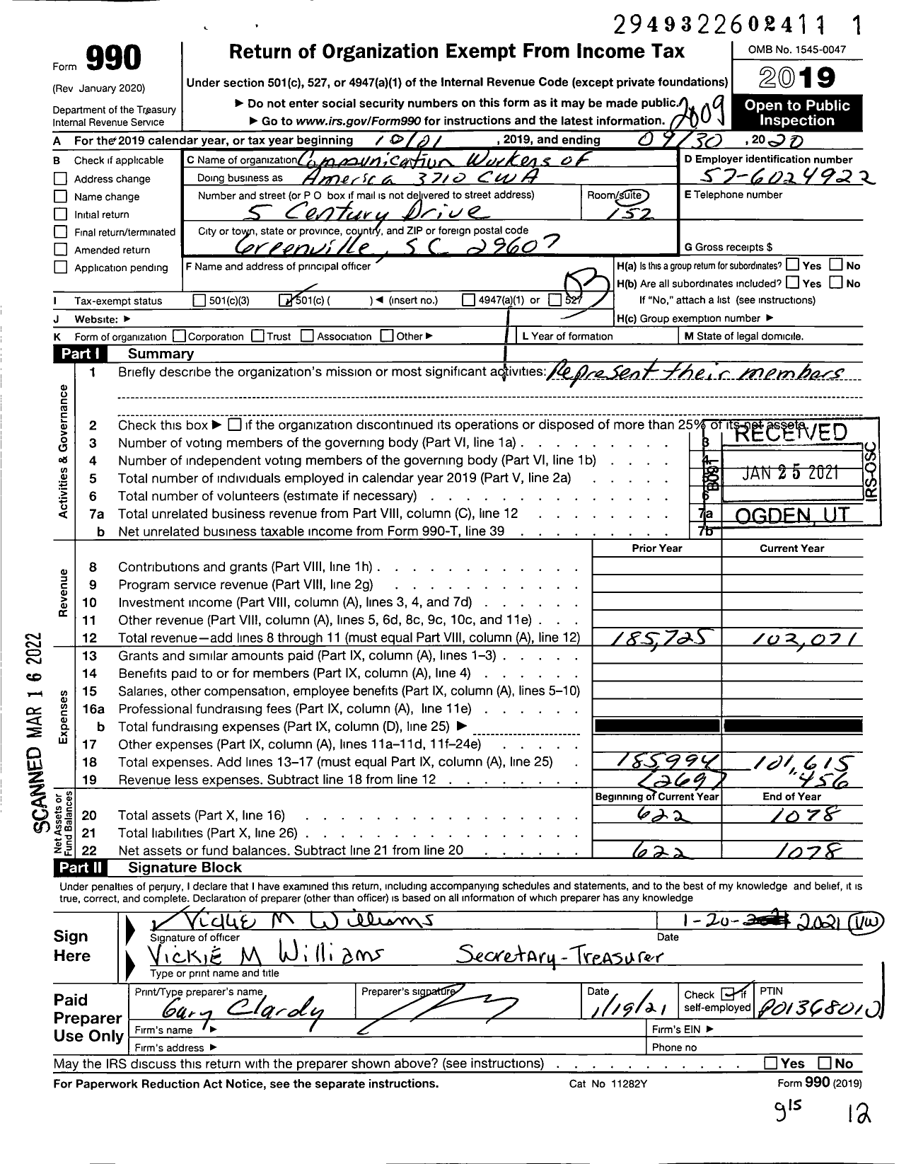 Image of first page of 2019 Form 990 for Communications WORKERS OF america - 3710 Local