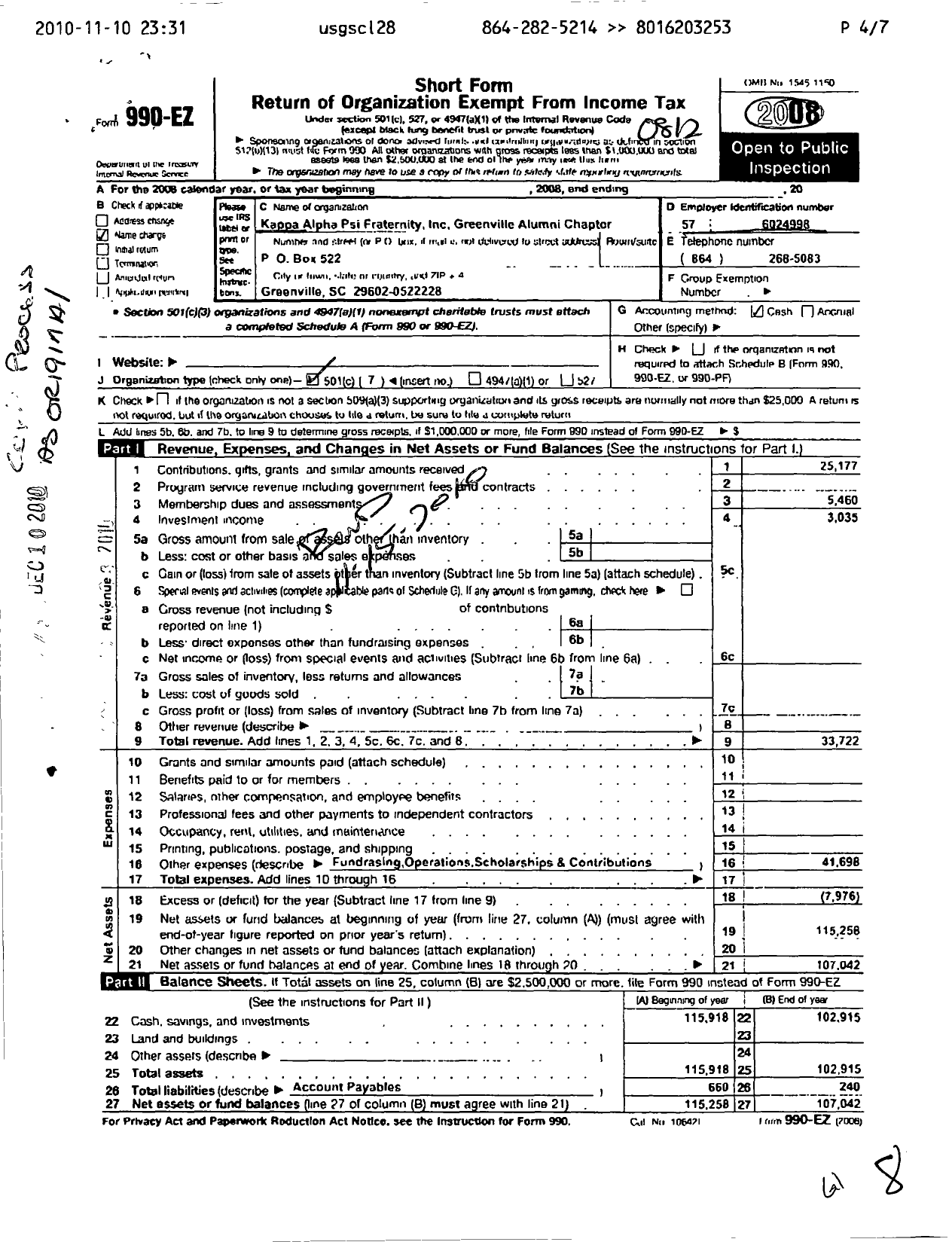 Image of first page of 2008 Form 990EO for Kappa Alpha Psi Fraternity / Greenville Alumni Chapter