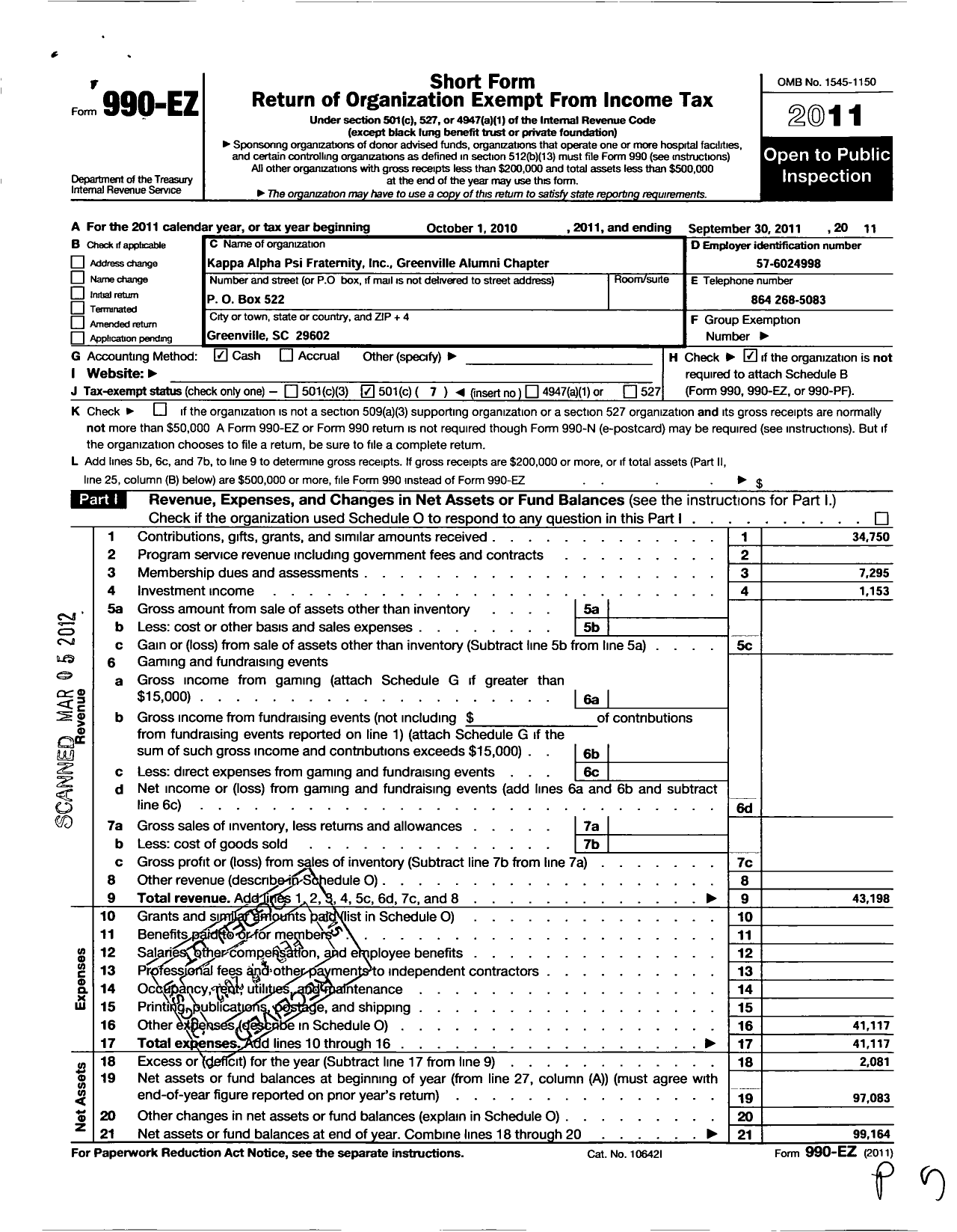 Image of first page of 2010 Form 990EO for Kappa Alpha Psi Fraternity / Greenville Alumni Chapter