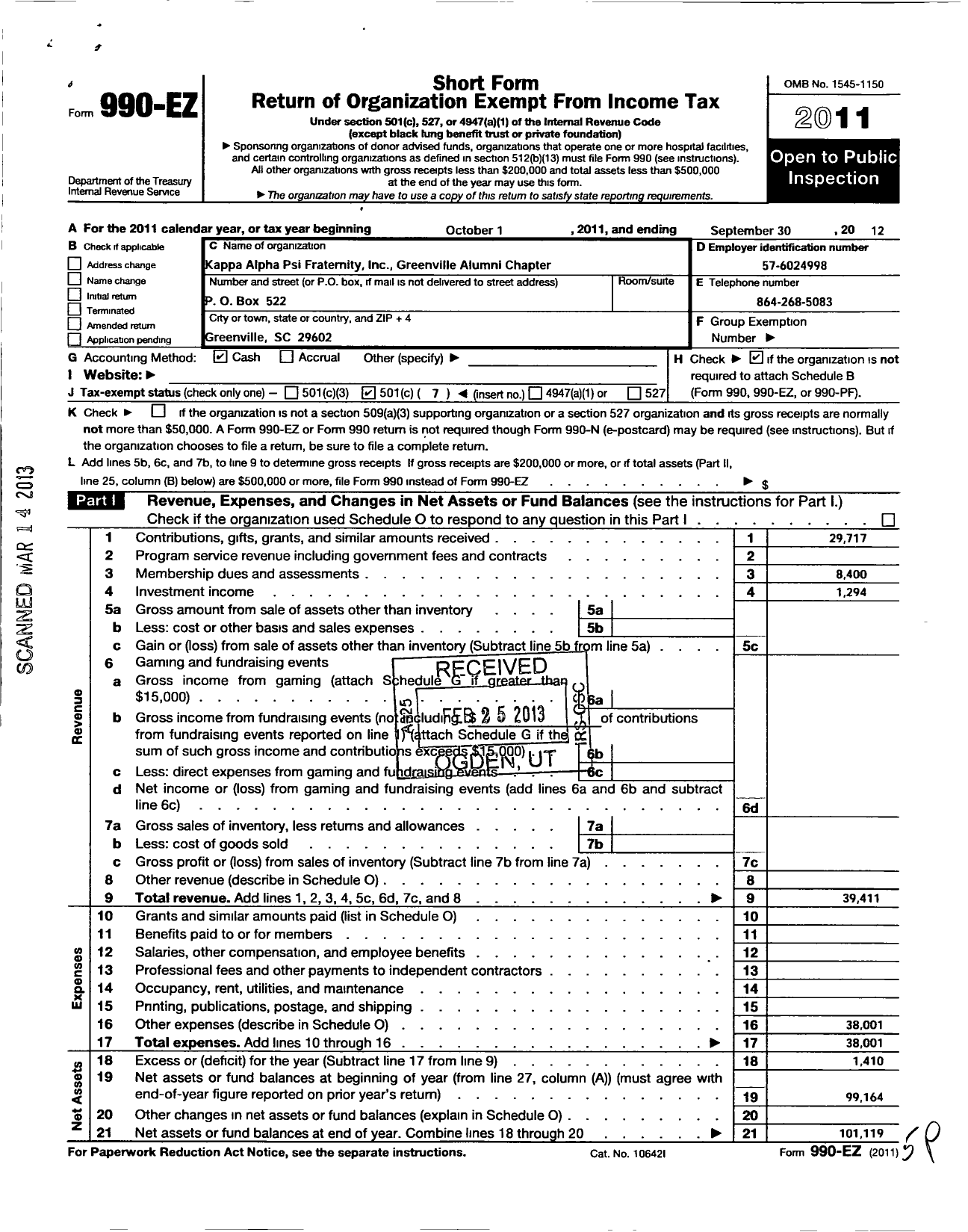 Image of first page of 2011 Form 990EO for Kappa Alpha Psi Fraternity / Greenville Alumni Chapter