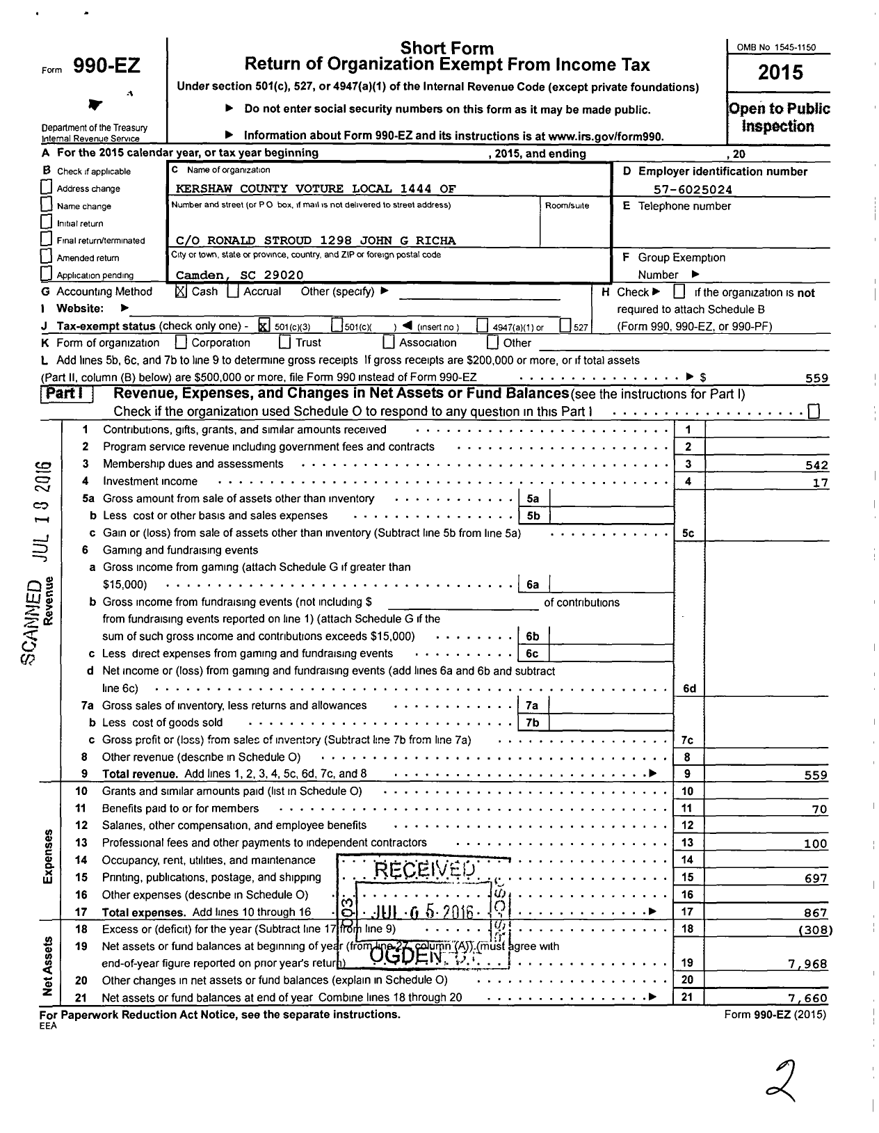 Image of first page of 2015 Form 990EZ for Kershaw County Voture Local 1444